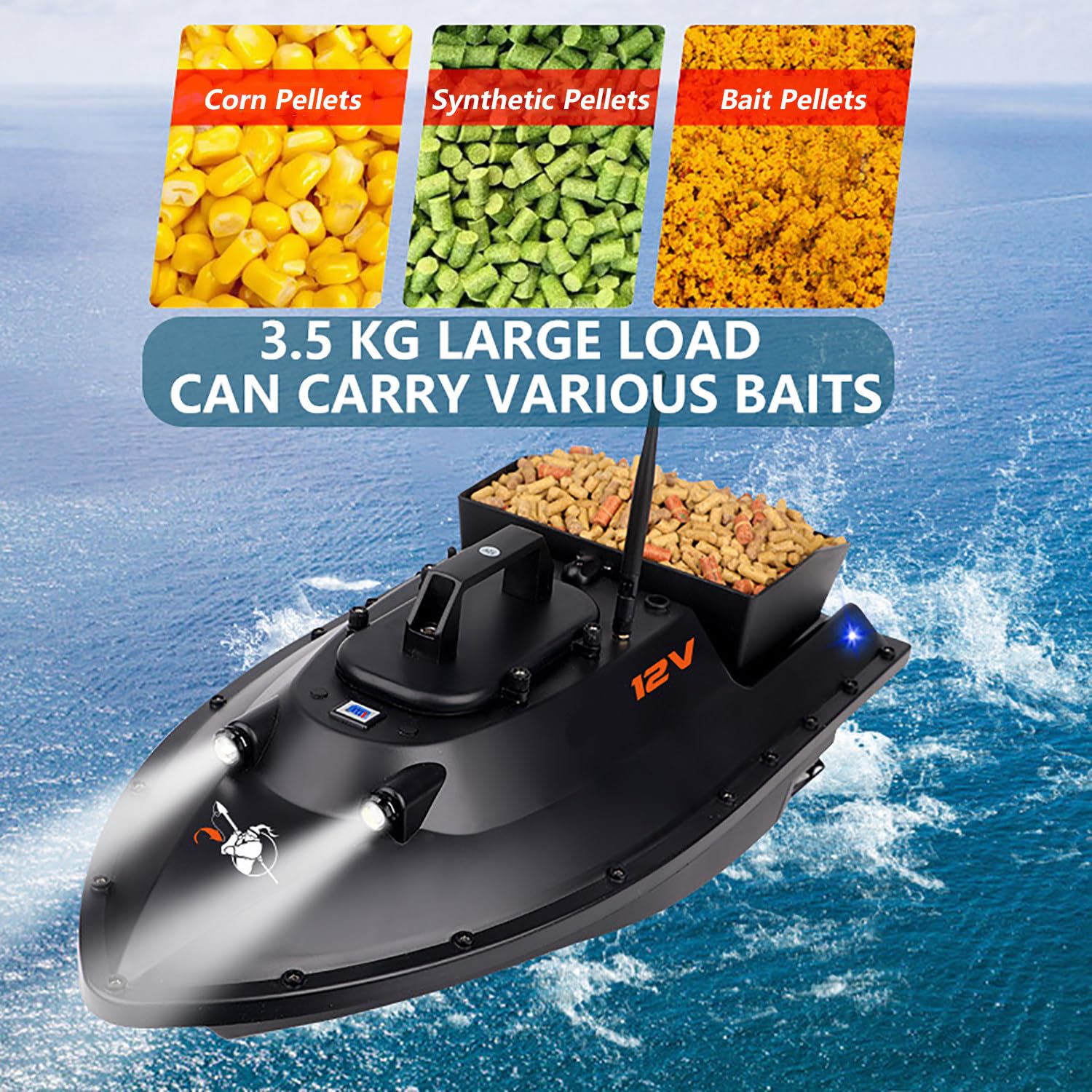 Barco de pesca RC de 12 V y 600 m, con cebo y liberación de cebo/GPS, capacidad de carga de 340 kg, motor dual y dos baterías de 28 000 mAh | Posicionamiento de 100 puntos, ideal para pescadores exp
