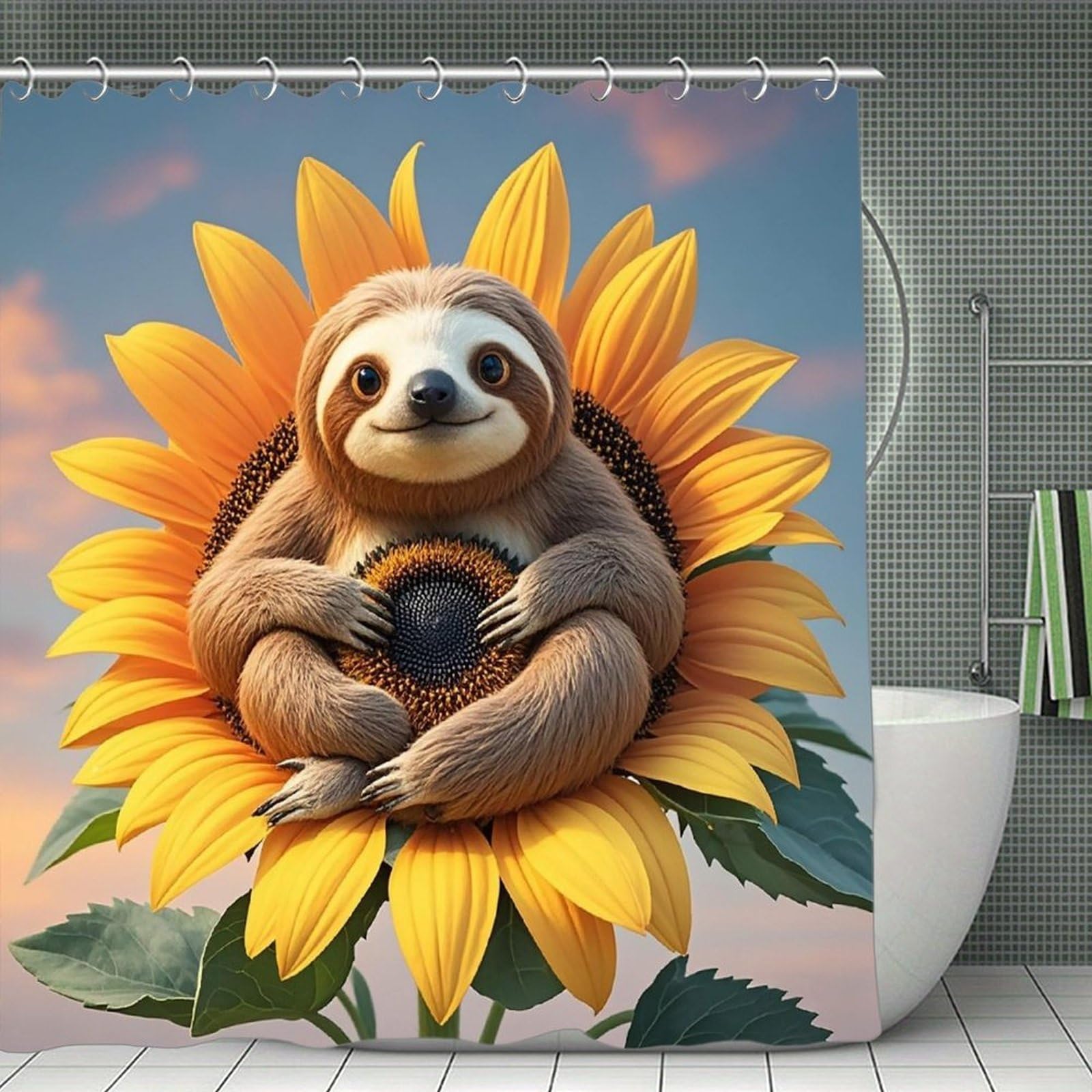 VstaDank Sloth Sitting on Sunflower Shower Curtain 71x71 Heavy Duty Polyester Cloth Bath Curtain with Hooks Thick Waterproof Shower Liner Fun Magic Decorative Bathroom Curtains for Bathtub