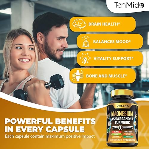 Miniatura 5 de Suplemento de magnesio  Fórmula 10 en 1  Combina con Ashwagandha, cúrcuma, Panax Ginseng, Cordyceps, Ginkgo Biloba, té verde, equinácea, valeriana y