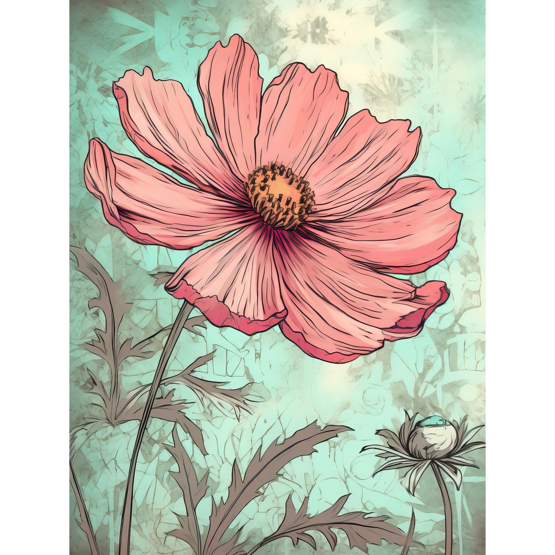 Artery8 Cosmos Flower Bloom Soft Pink and Teal Watercolour Large Wall Art Poster Print Thick Paper 18X24 Inch