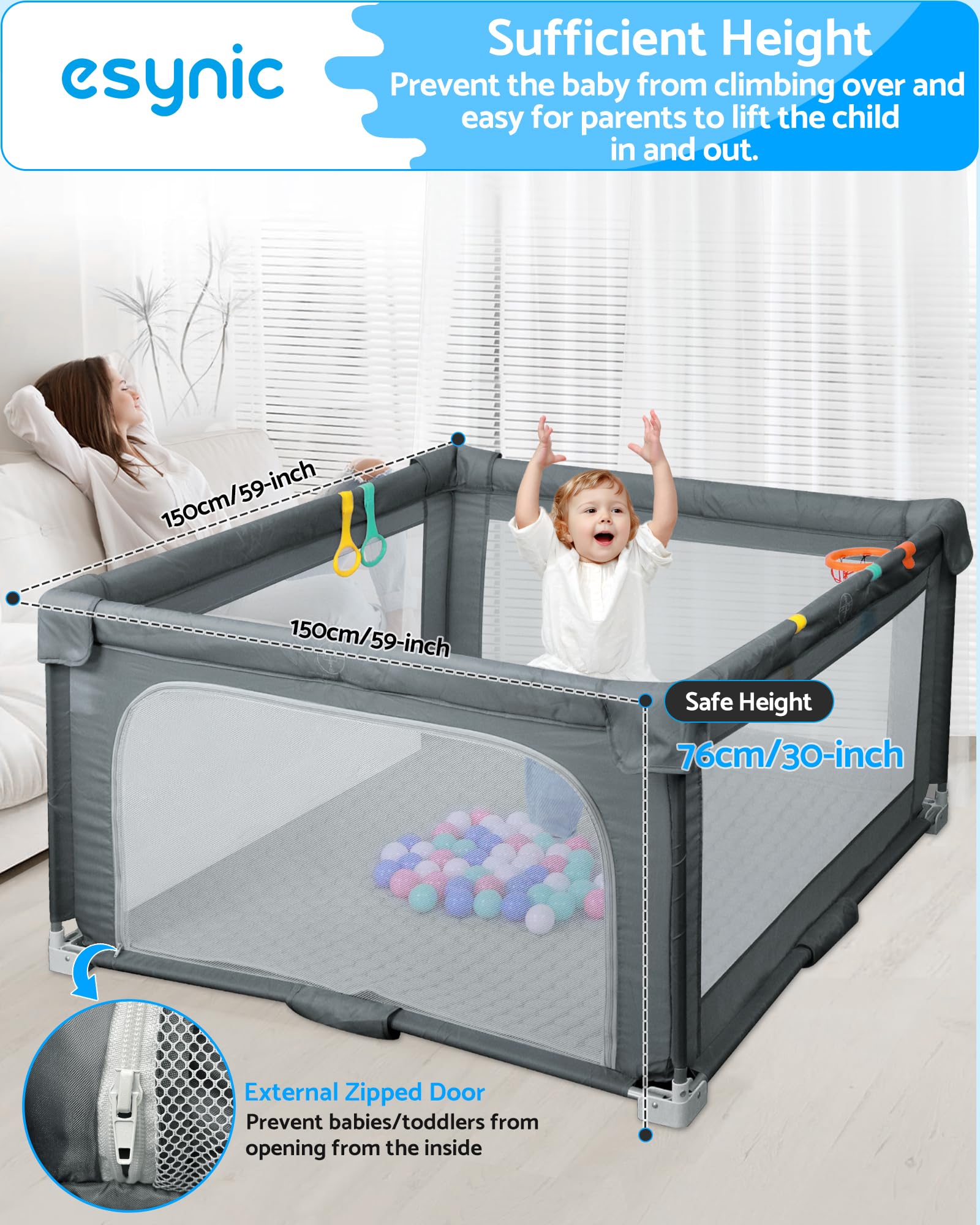 eSynic Corralito Bebé Portátil 150x150cm, Parque Infantil Plegable con Alfombrilla + 50 Bolas, Canasta Baloncesto, Malla Transpirable, 4 Agarraderas y Bolsa Transporte - Juegos Seguros para Bebé