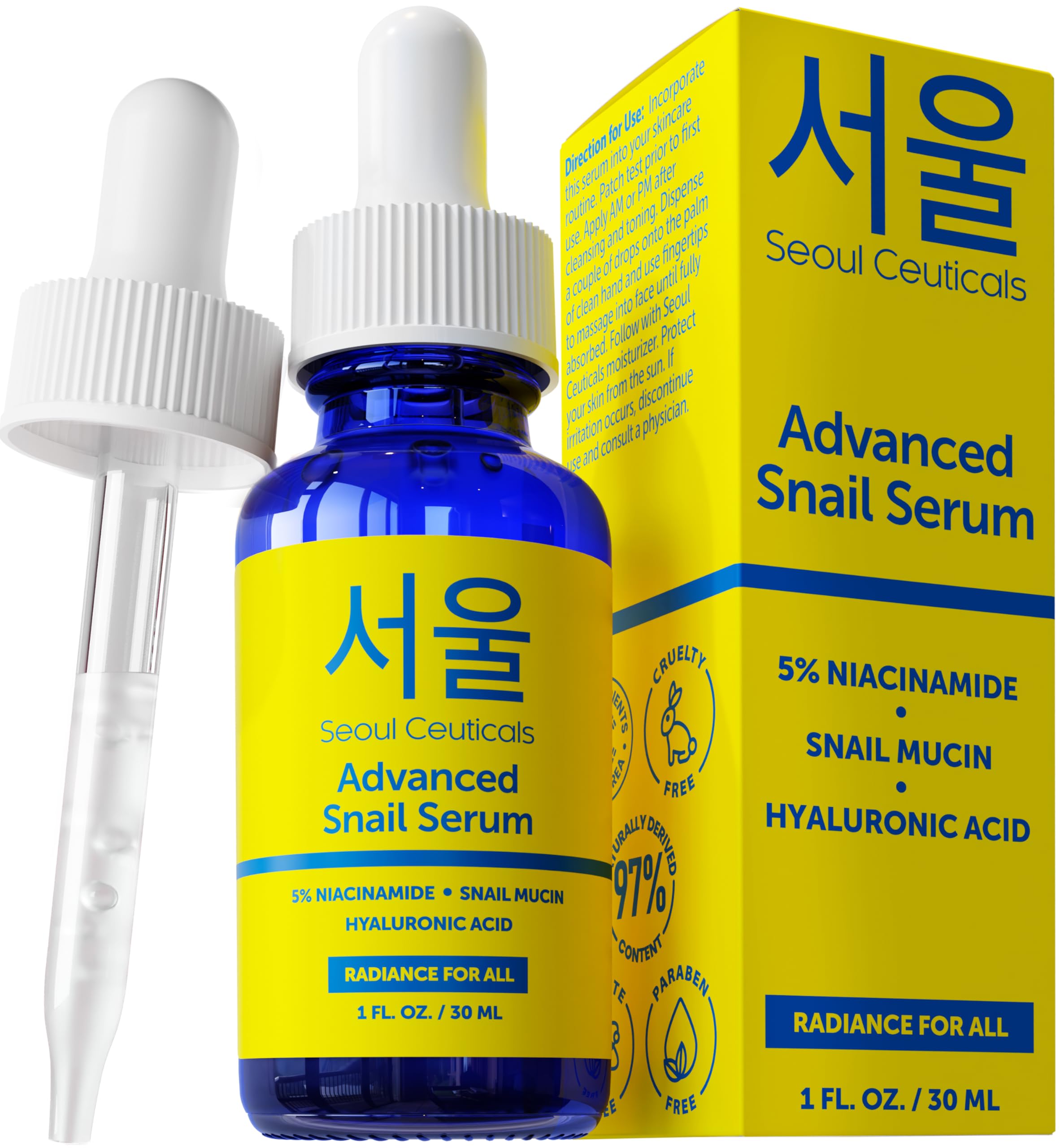 SeoulCeuticals Korean 5% Niacinamide + Snail Mucin 97.5% Essence Serum + Hyaluronic Acid, Cruelty Free Korean Skin Care, Natural & Organic Anti Aging Face Serum for Dull Skin, K Beauty 1oz
