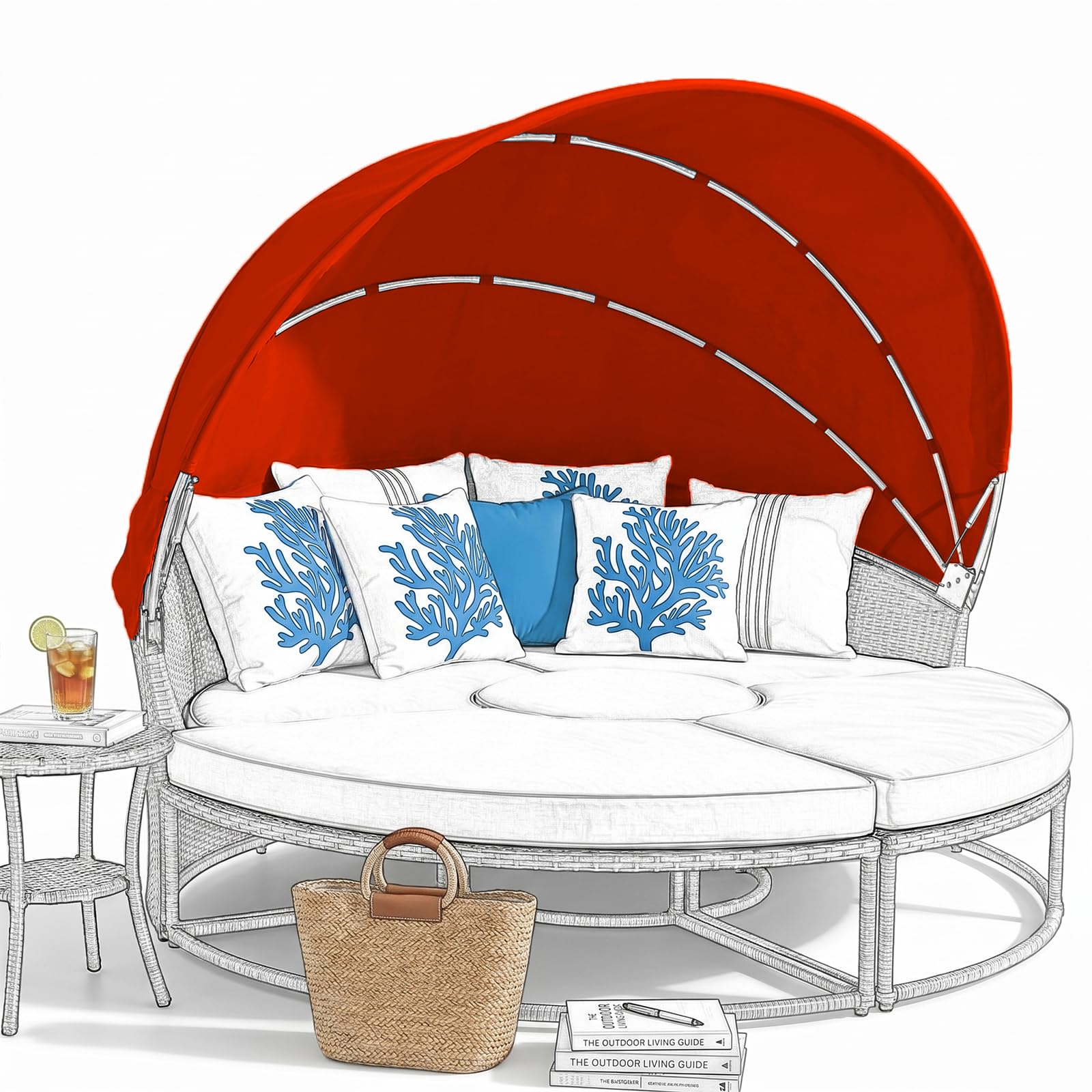 LR68HFT Replacement Canopy for Patio Round Daybed Applicable to Dia 200-220cm, Retractable Top Cover for Outdoor Sunbed, Sun-Resistant and Water-Repellent, Quick Installation (Bright Red)