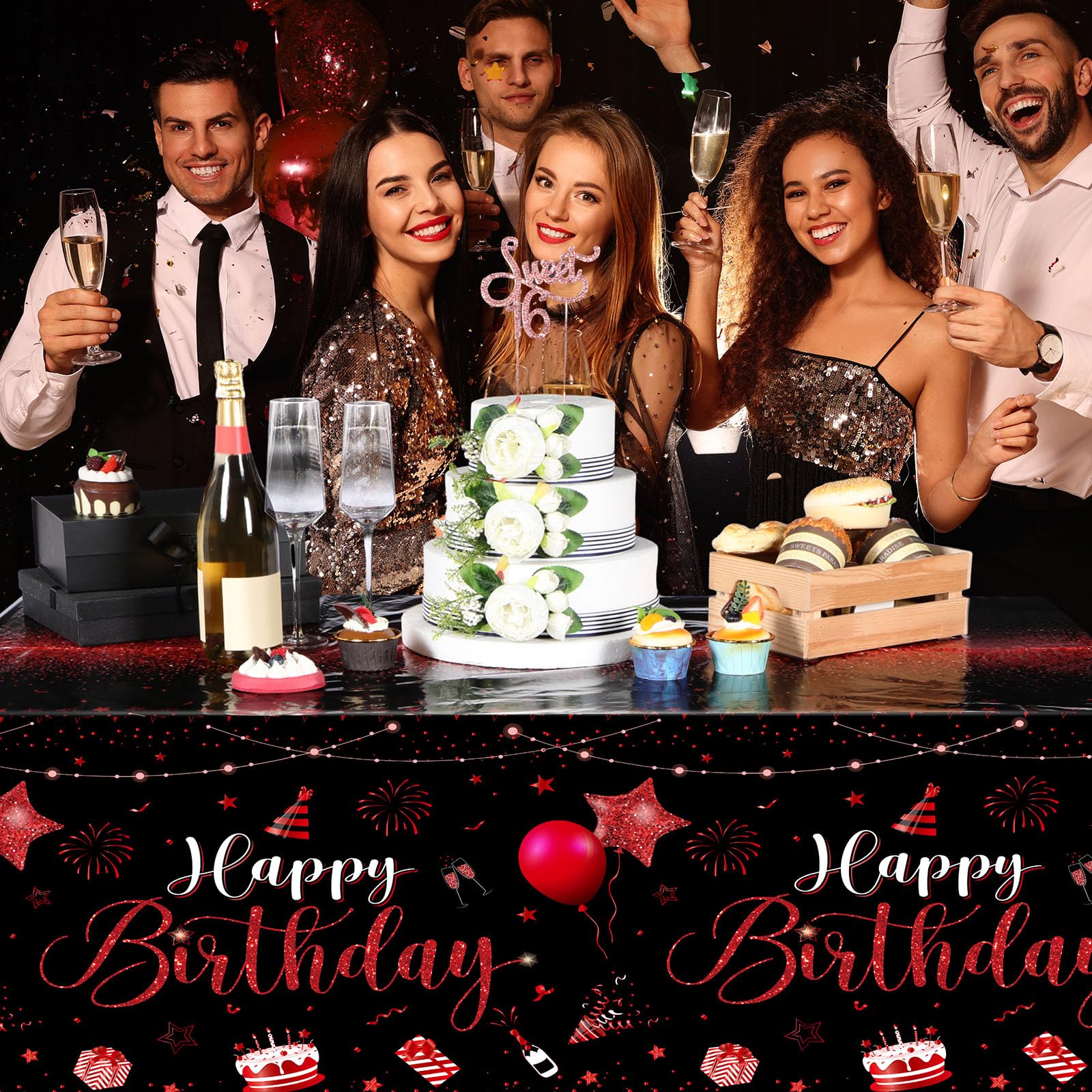 Tudomro 6 manteles de Feliz cumpleaños, decoración de Feliz cumpleaños, Mantel Rectangular de plástico para Mujeres y Hombres, Suministros de Fiesta de cumpleaños, 108 x 54 Pulgadas (Negro Rojo)