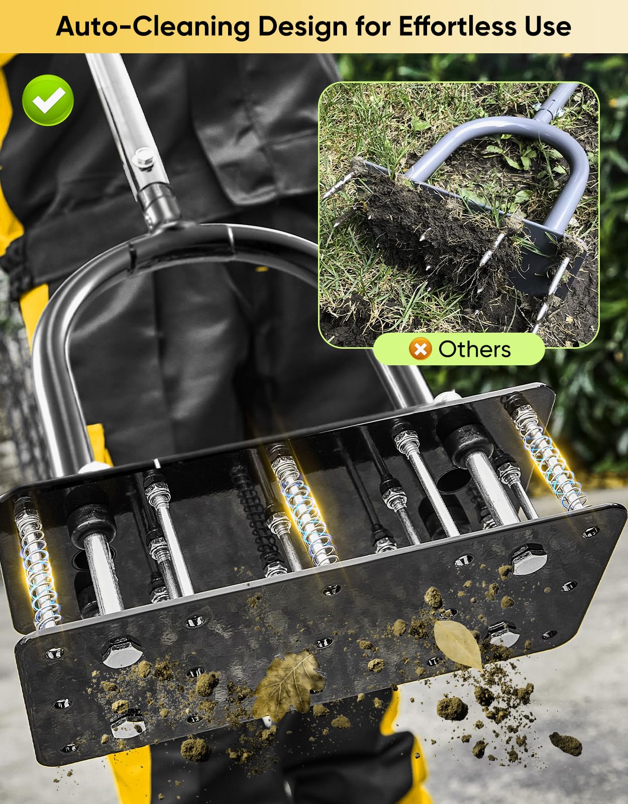 Sakerplus Aerator Lawn Tool, Hand Metal Spike Lawn Aerator with Rebounce Spring Base, Automatic Leaf and Dirt Cleaning, Grass Aerator for Lawn Care, Soil Loosening, Yard Aerating (Orange Handle) - 4