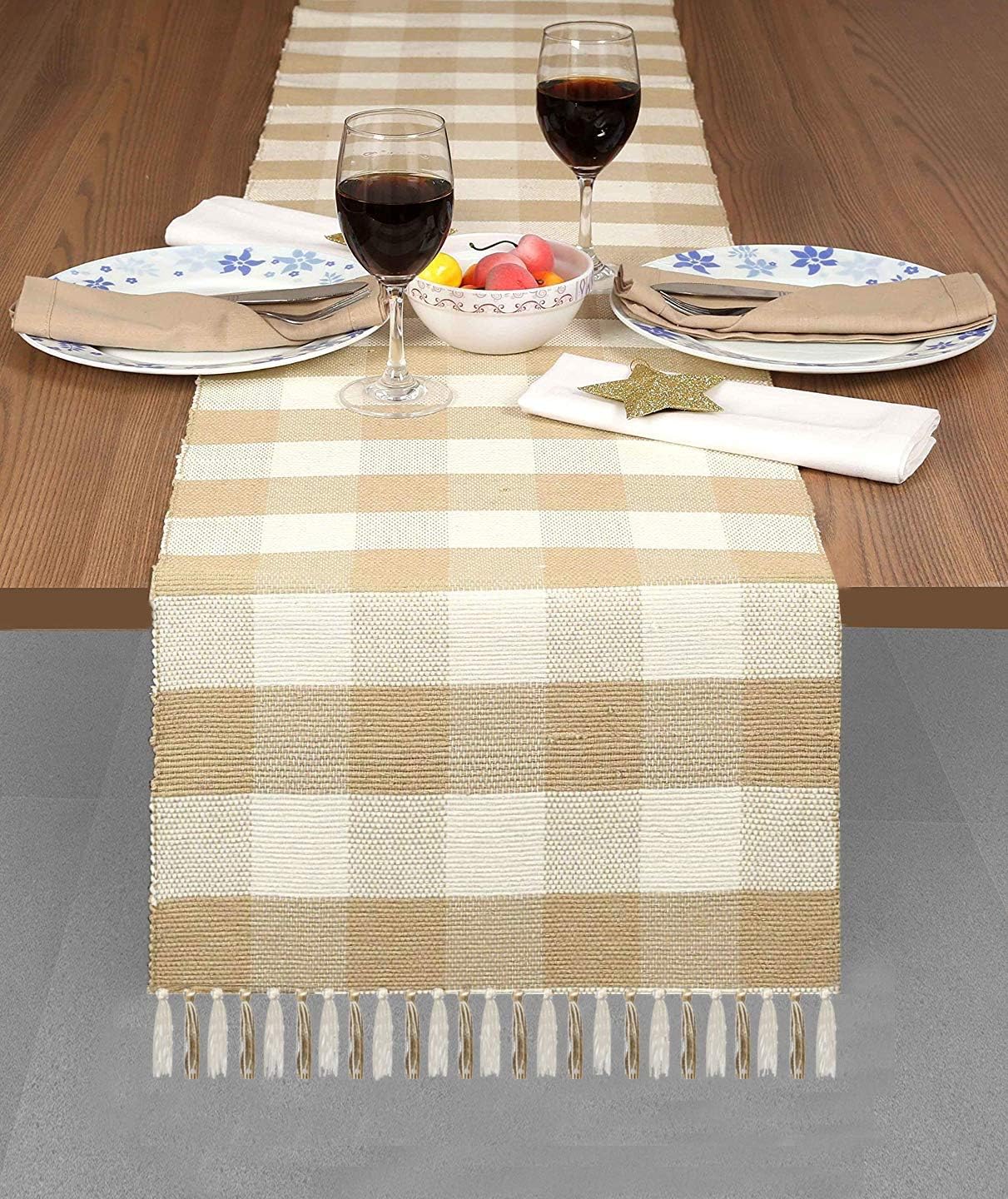 Cotton Clinic Gingham Buffalo Check Table Runner Farmhouse Style 72 Inch, 14x72 Wedding Table Runner Fringes, Rustic Bridal Shower Decor Dining Table Runner Beige White