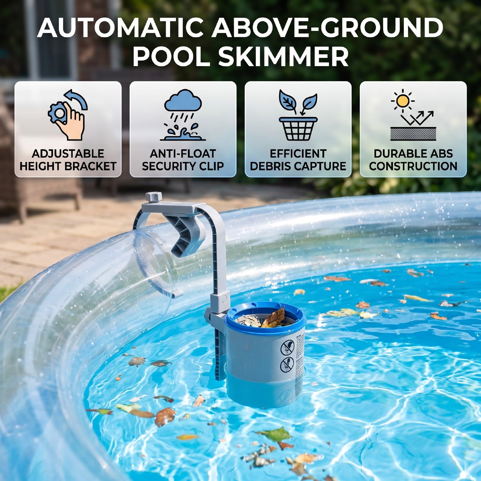 Luocute Skimmer per Piscina Fuori Terra, Skimmer di Superficie Galleggiante Automatico con Montaggio a Parete | per piscine gonfiabili e con struttura in metallo, clip anti-galleggiante, funziona con pompa da 800 GPH