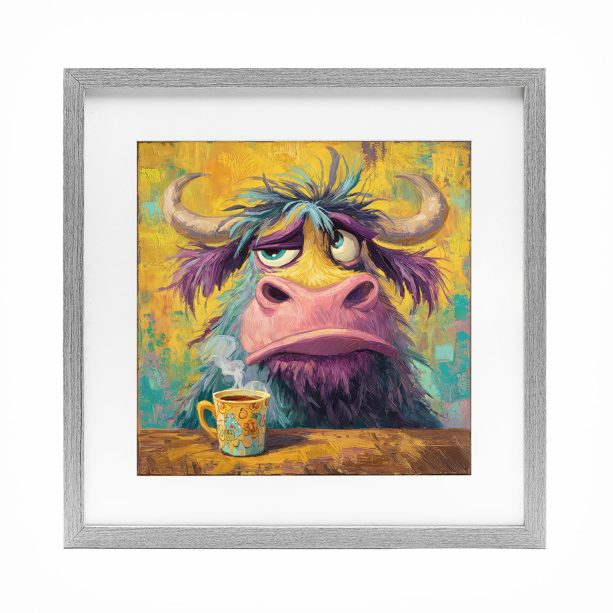 Stupell Industries 'Grumpy Cow & Mug', Framed Print Under Glass, Gray, 13 x 13 Inches, Easy to Hang and Sturdy, Made in USA, by The Wands Want