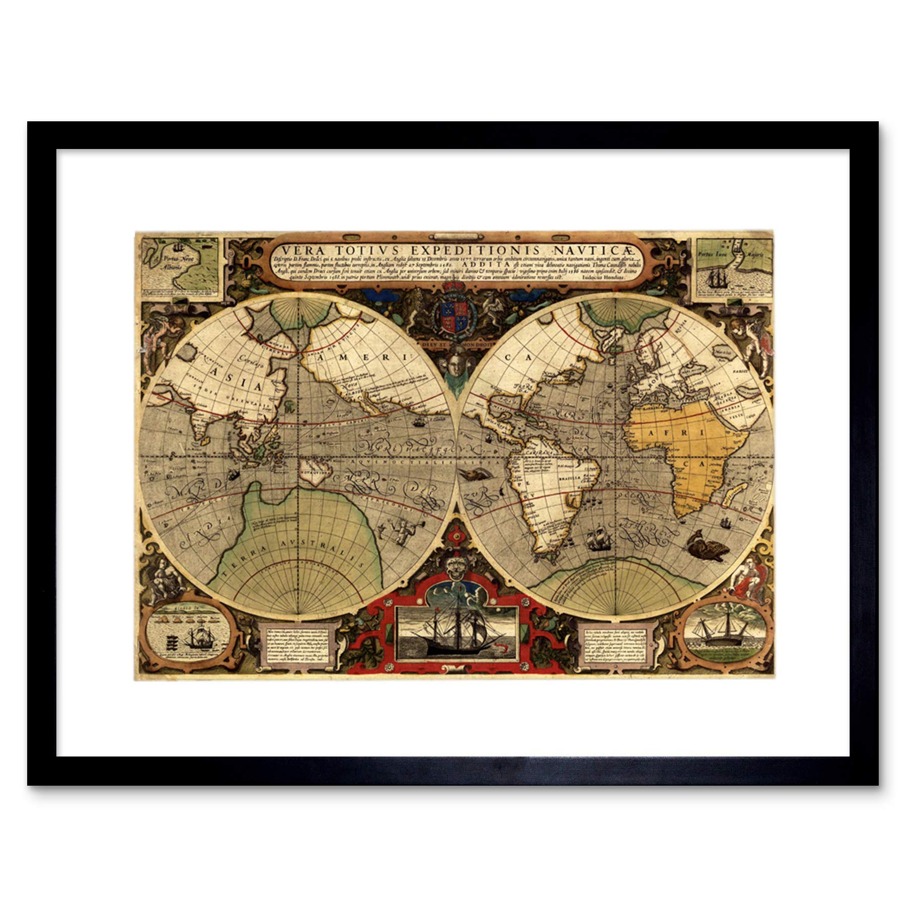 MAP ANTIQUE HEMISPHERE GLOBE WORLD FRAMED ART PRINT PICTURE & MOUNT F12X507