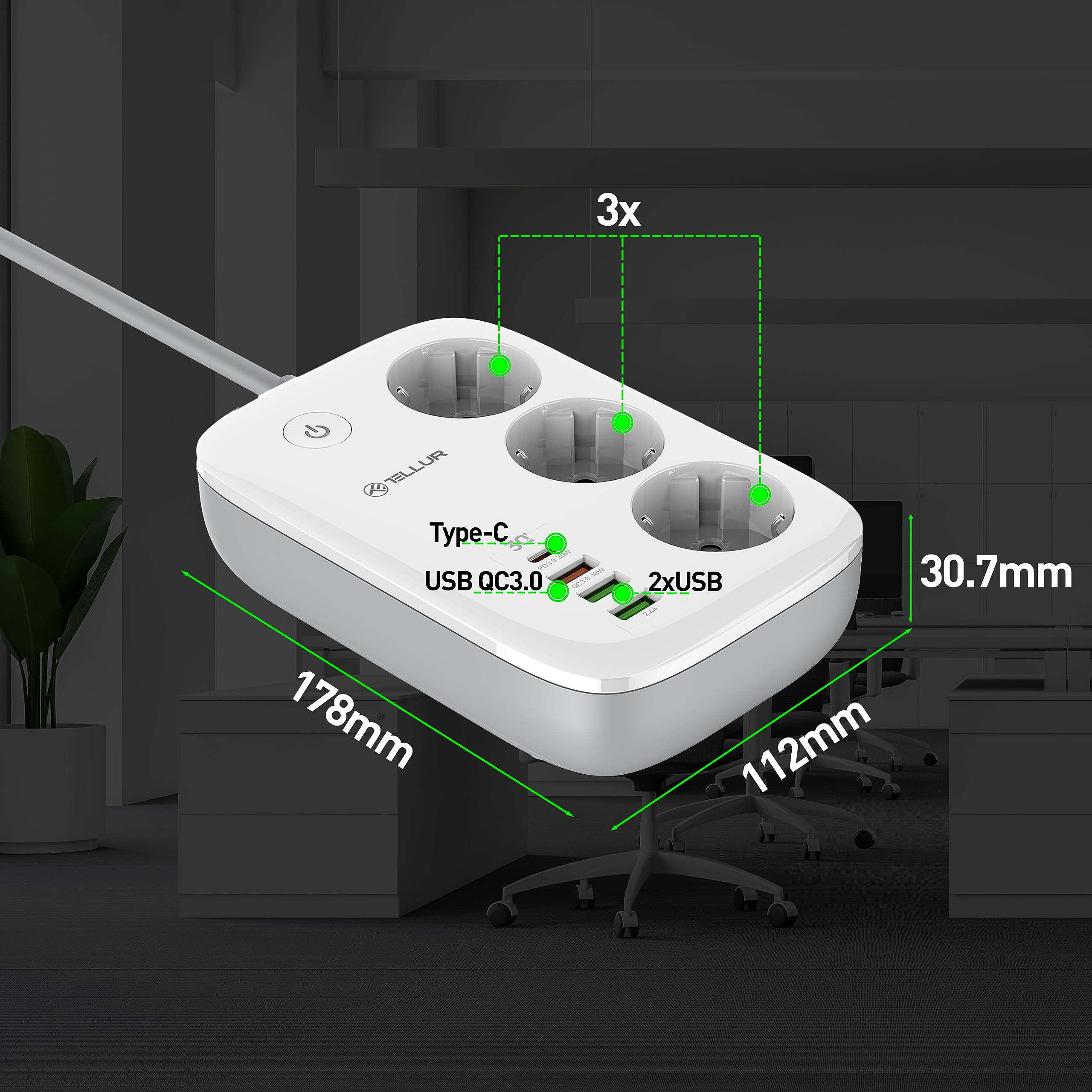 TELLUR SMART WLAN Steckdosenleiste, WLAN Mehrfachsteckdosen Alexa, WLAN Steckdose Kompatibel mit Alexa, Google, Tuya, SmartLife 3 x Steckdosen, 1 x PD30W, 1 x USB QC18W 2 x USB 2.4A, 2m Kabel, 2500W