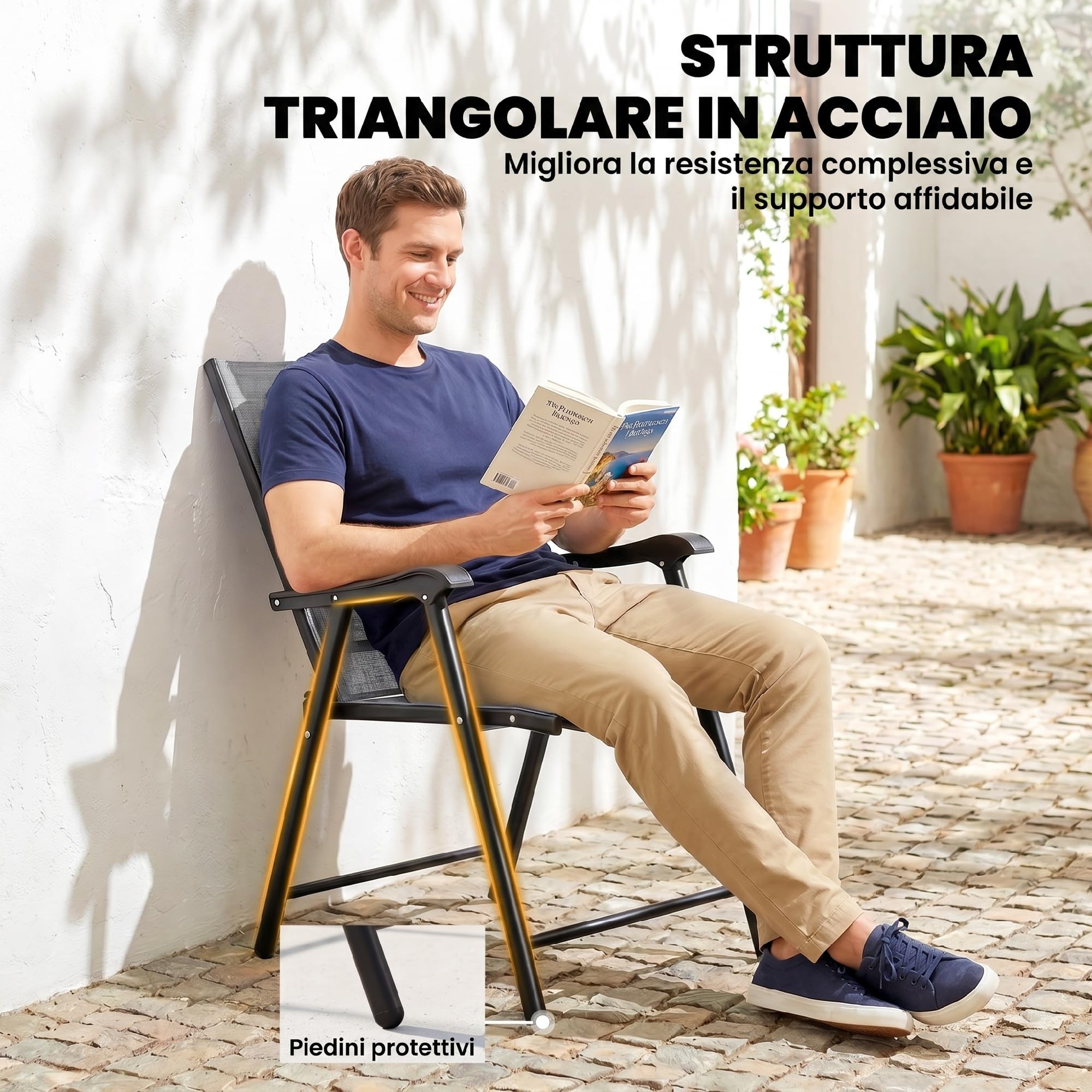 Outsunny Set di 2 Sedie da Giardino Pieghevoli, Sedie da Pranzo per Esterni con Schienale Alto e Braccioli, Tessuto Traspirante Texteline e Telaio in Acciaio per Terrazzo e Balcone, Grigio Chiaro