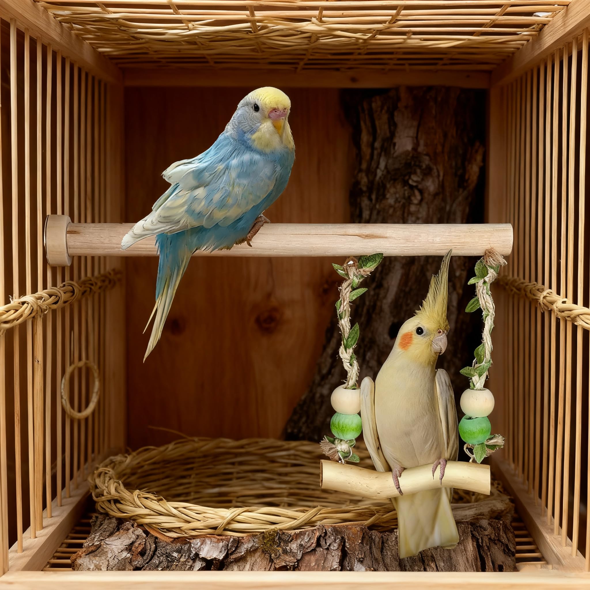 Altalena per uccelli in legno naturale, trespolo da 25 cm con corda intrecciata, giocattolo per gabbia per pappagallini
