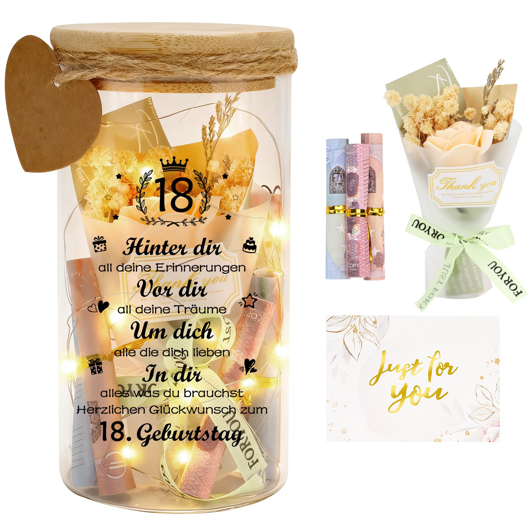 18. Geburtstagsgeschenk Geld Leuchtflasche für Geldgeschenke, Mann Frau zum 18. Personalisiert LED Flaschenlicht Geburtstag Geschenk Dekoflasche Spardose mit Trockenblumen LED-Leuchten und Karten