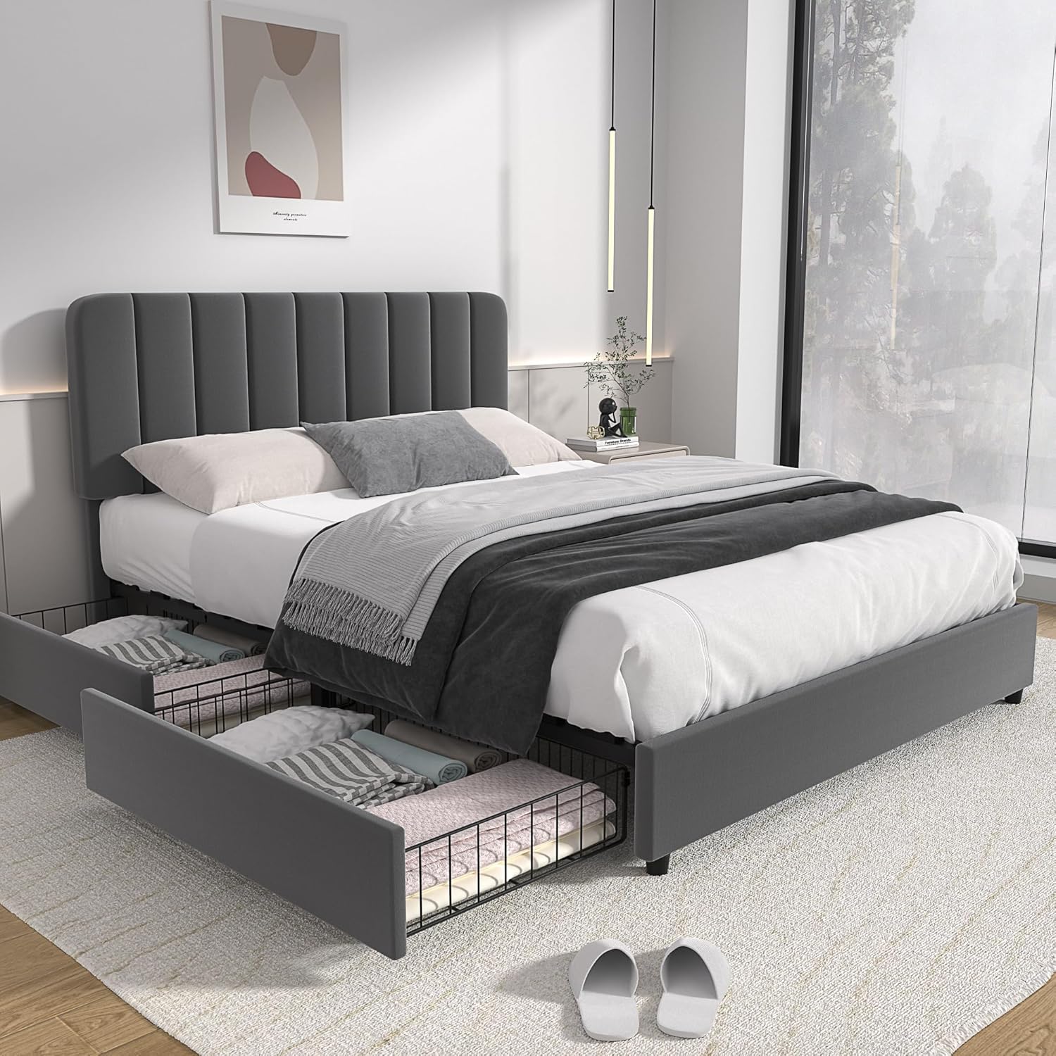 VECELO Full Size Upholstered Bed Frame with 4 Drawers and Adjustable Headboard, Velvet Platform Storage Bedframe Mattress Foundation, Wooden Slats Support, No Box Spring Needed, Dark Grey Dark Grey Full Bed Frame with Drawer