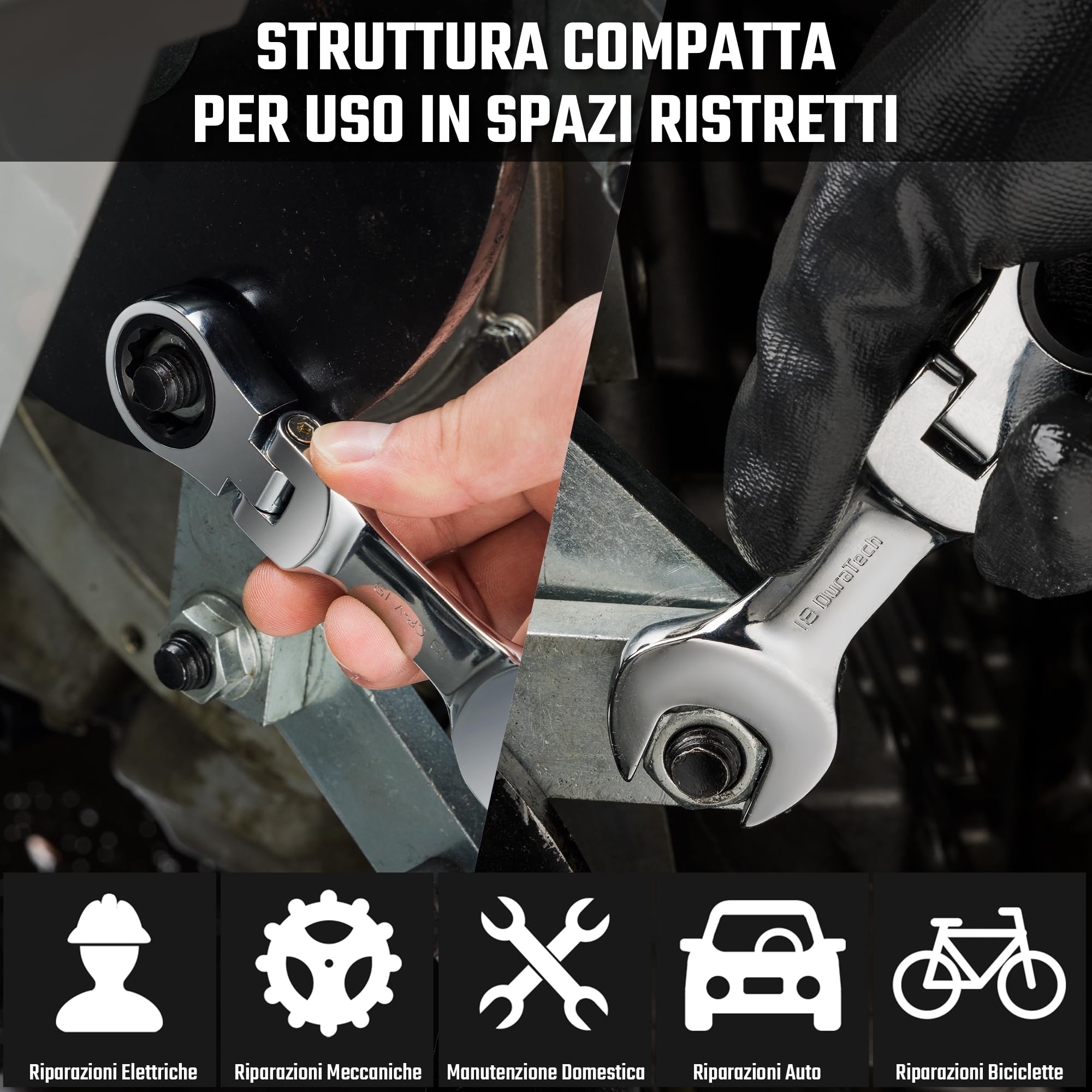 DURATECH Stubby - Set di chiavi combinate a cricchetto con testa flessibile, metrica, 12 pezzi, 8-19 mm, acciaio CR-V, con custodia