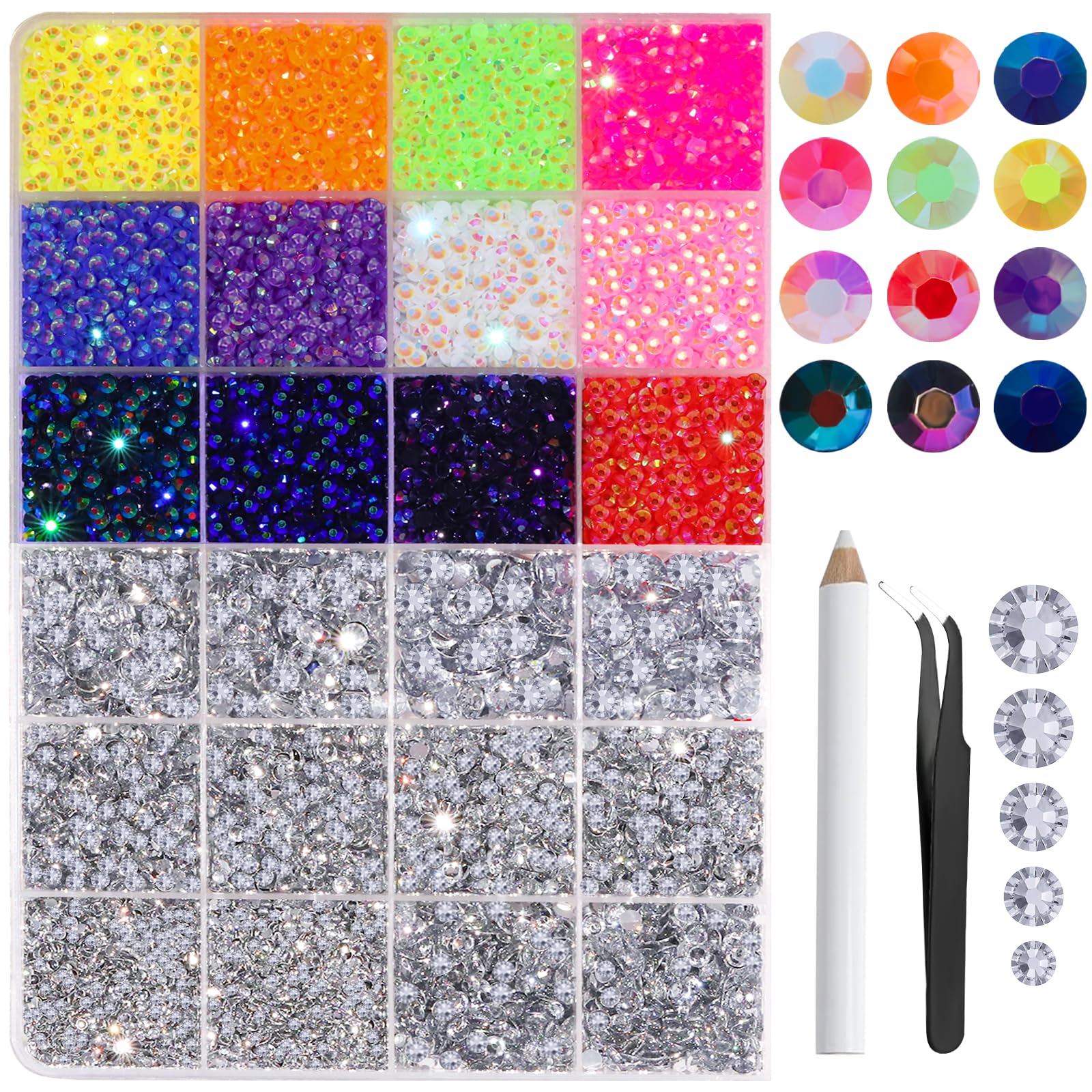 FANDAMEI 25400 PCS Resin Rhinestones, 3mm Mixed Color & Silver Rhinestone Kit, Non-Hotfix Gems For Crafting, Flatback Rhinestones For Crafting, Rhinestone For Nails, 2/3/4/5/6mm