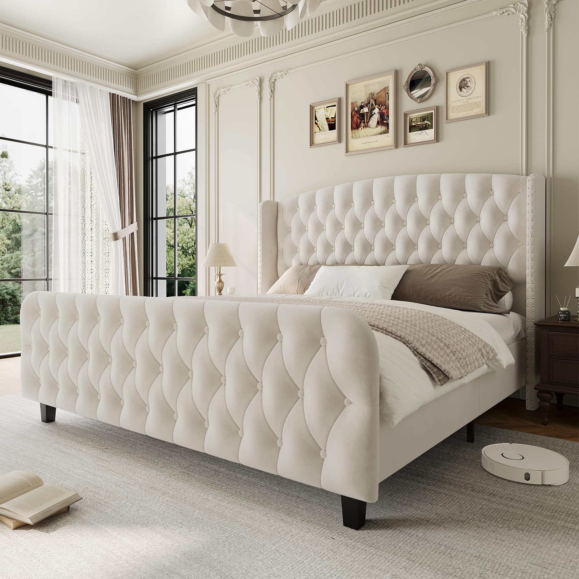 GarveeHome 51" Tall Queen Size Bed Frame with Deep Button Tufted Wingback Headboard and Footboard, Velvet Upholstered Platform Bed Frame, No Box Spring Needed, Easy Assemble, Cream