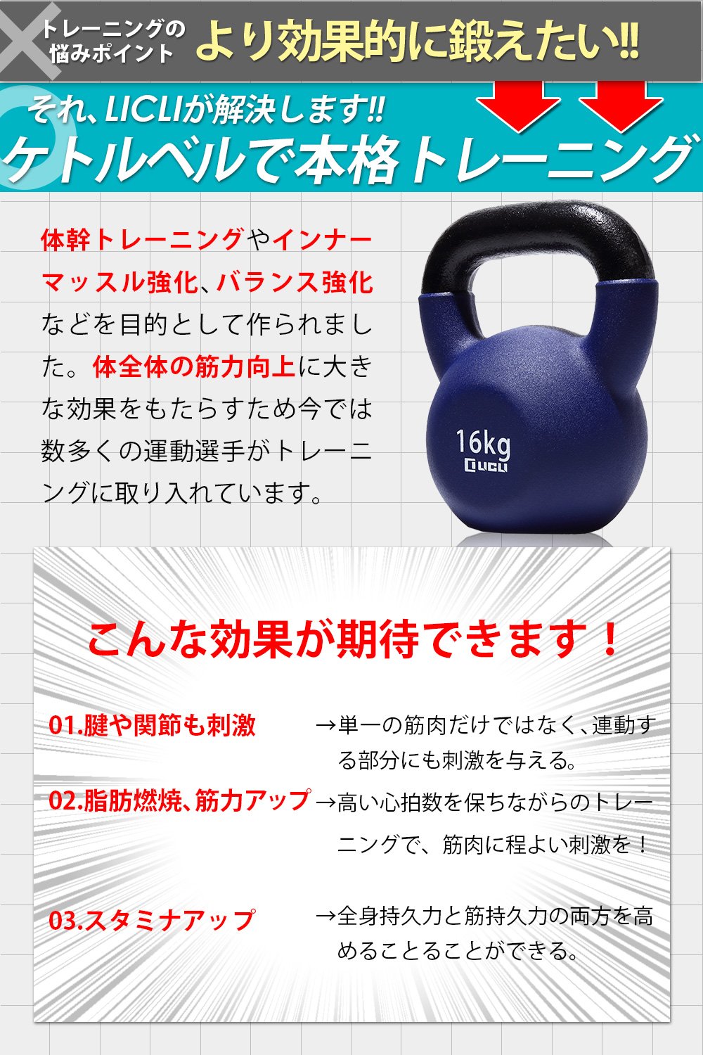 Amazon | LICLI ケトルベル トレーニング 4kg 8kg 12kg 16kg 20kg