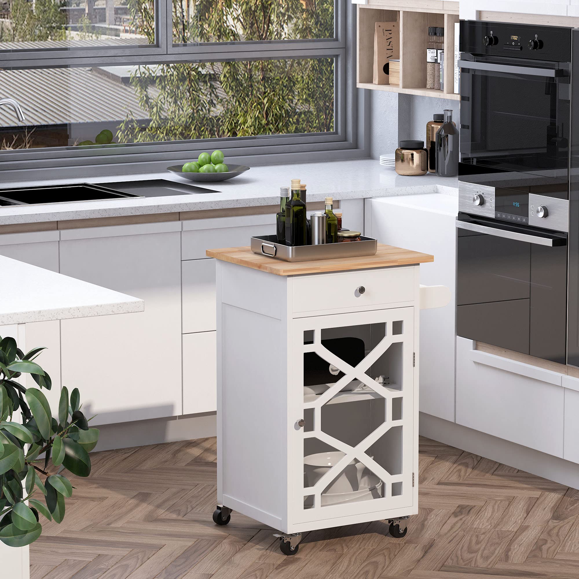 HOMCOM Carro de Servicio con Ruedas Dim. 63 x 45 x 86 cm, Madera Blanca | Postre de cocina, cajón, armario, toallero, mueble con ruedas
