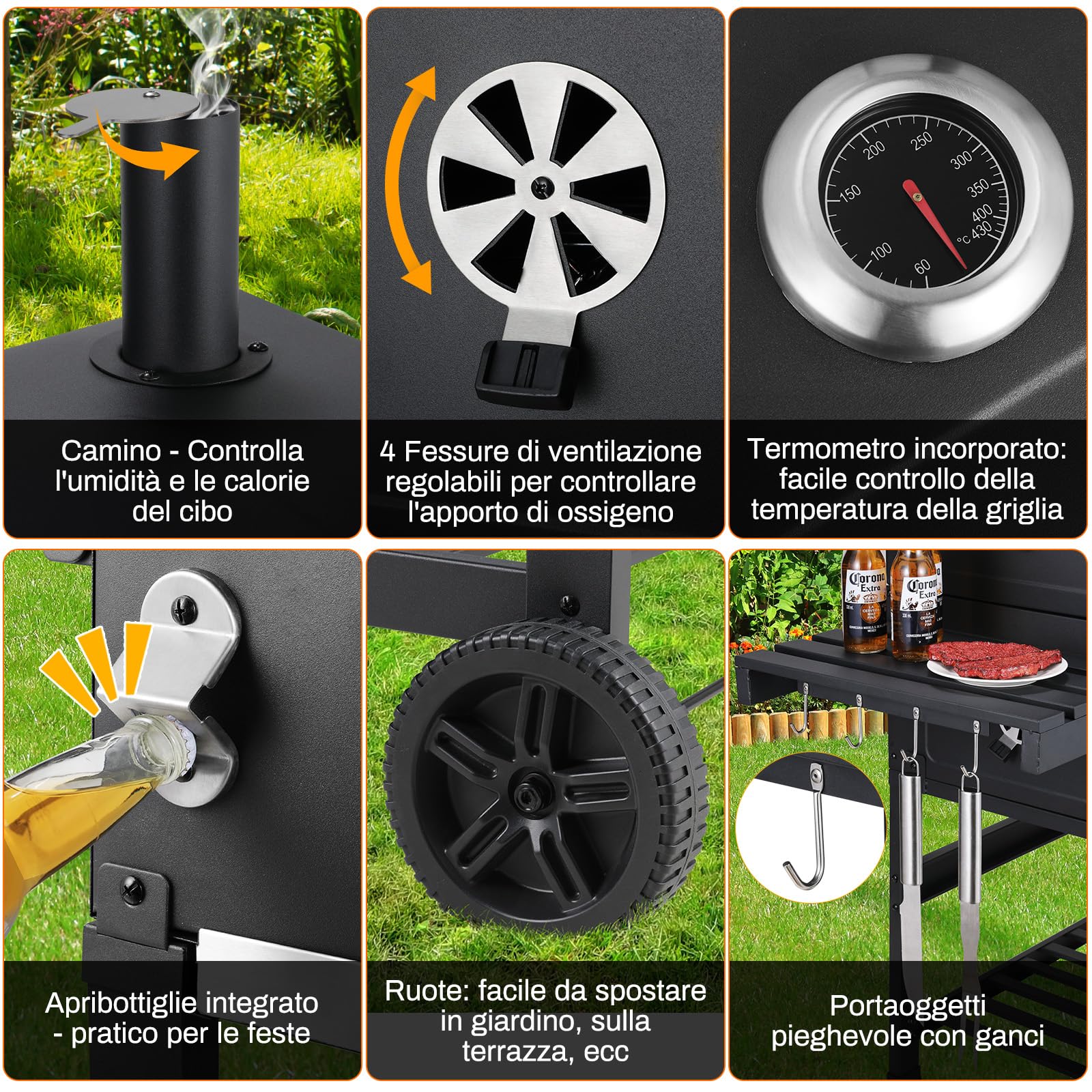 LIFERUN Barbecue a Carbonella XXL, Griglia per Barbecue con Camino e Coperchio, con Termometro e 2PCS Ruotes, Altezza Regolabile, Grande BBQ Smoker per Giardino, Campeggio