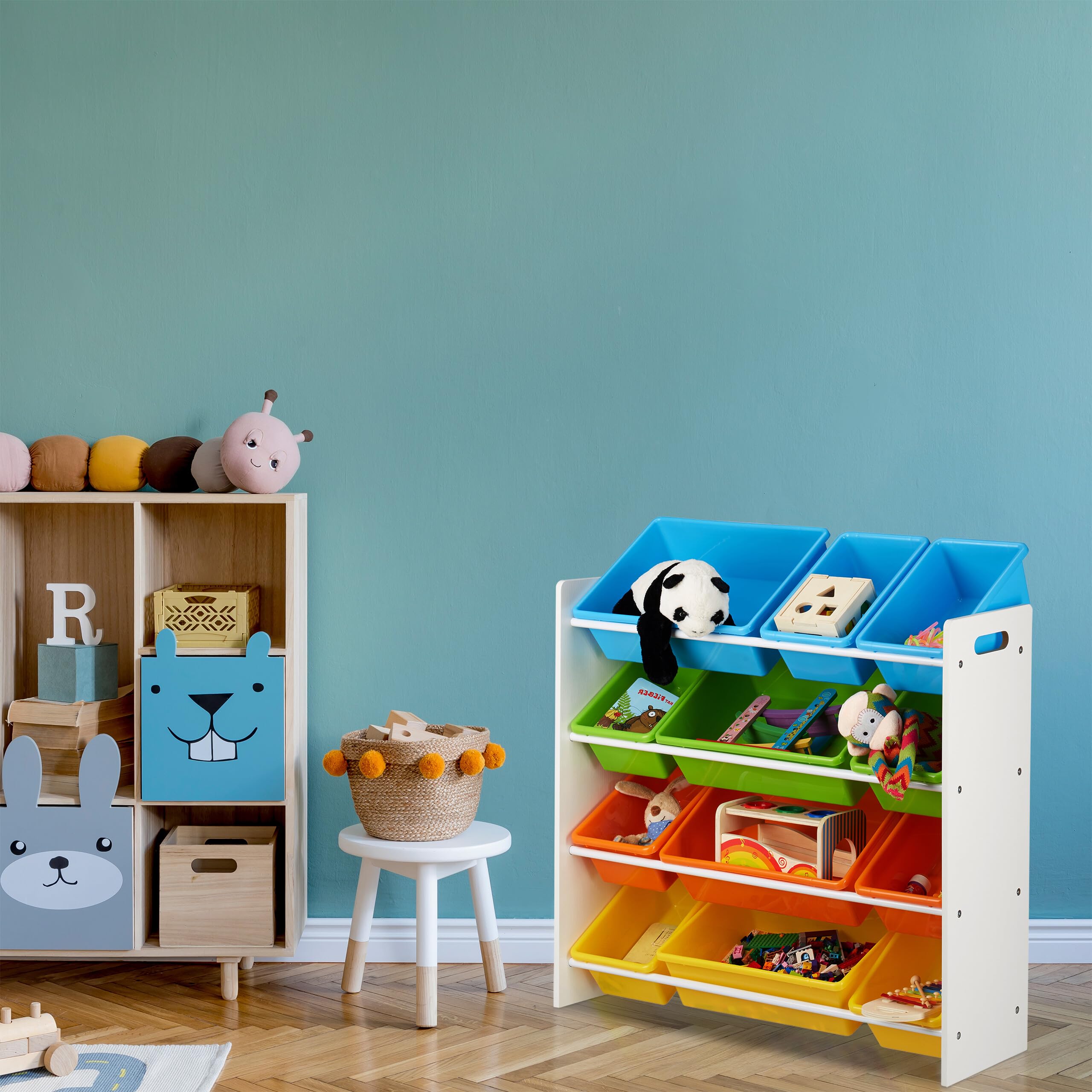 Relaxdays Estantería Infantil con Cajas, Almacenaje de Juguetes, Multi-Color, MDF & Plástico, 88x86x31 cm