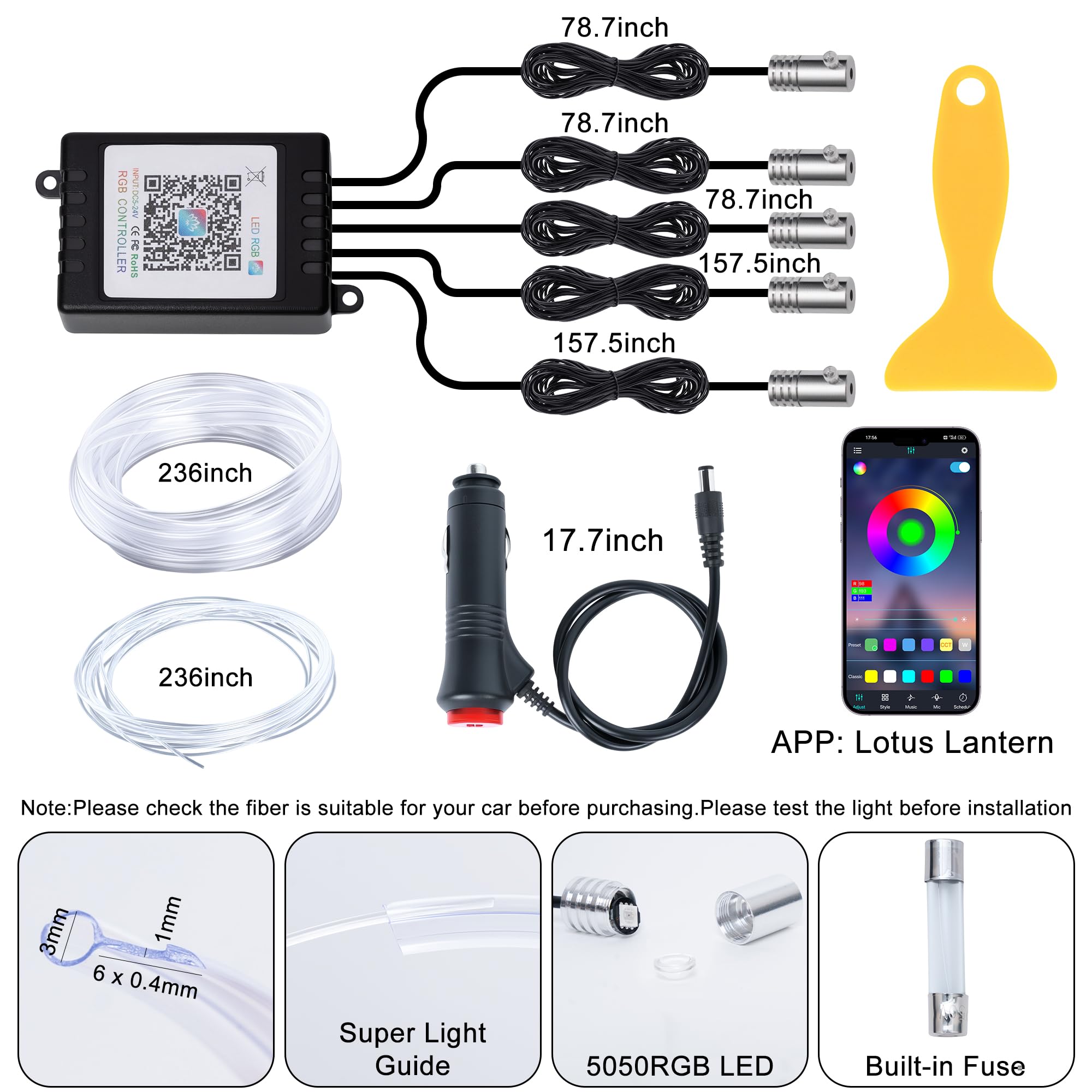 Interior Car LED Lights Wireless APP Control 5 in 1 RGB Ambient Lighting Kit with 236" Fiber Optic, 16 Million Colors Music Sync Waterproof LED Strip Lights for Cars Trucks SUVs Auto Interior Decor