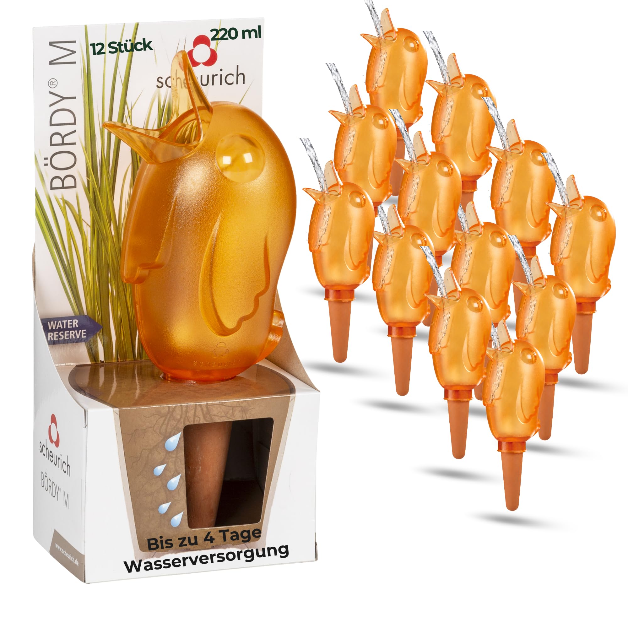 Scheurich Dozownik wody Bördy M | 12 x pomarańczowy | pojemność 220 ml | mała kulka nawadniająca z glinką | dozownik wody do roślin pokojowych i kwiatów, trzonek z terakoty