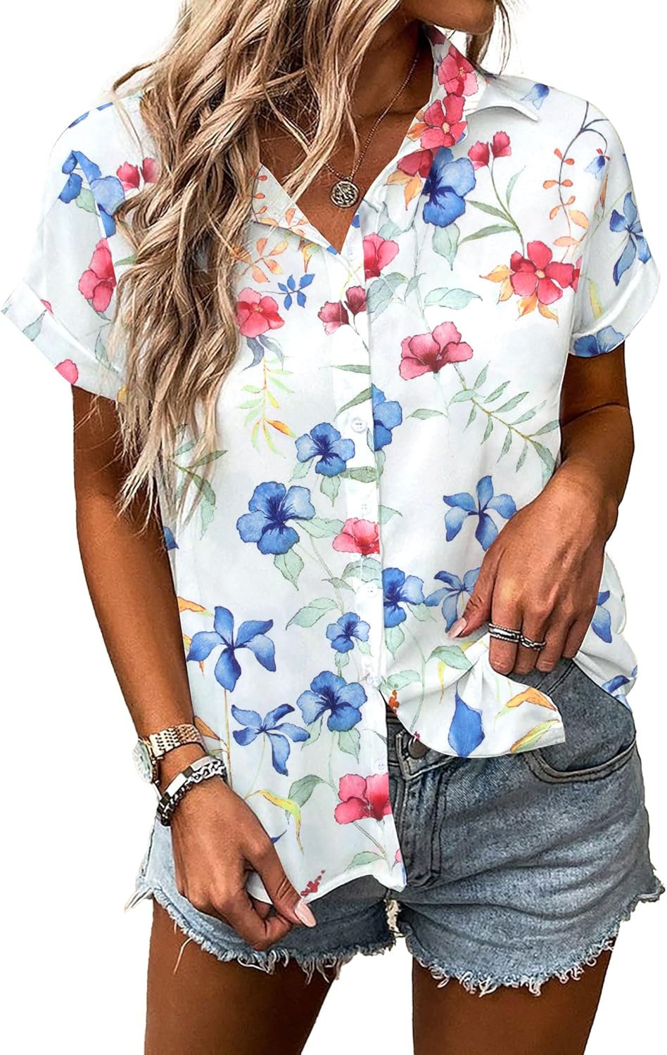 ASTANFY Women Button Down Shirt Hawaiian Floral Shirts Summer Vacation Blouses Casual Work Tops - Image 7