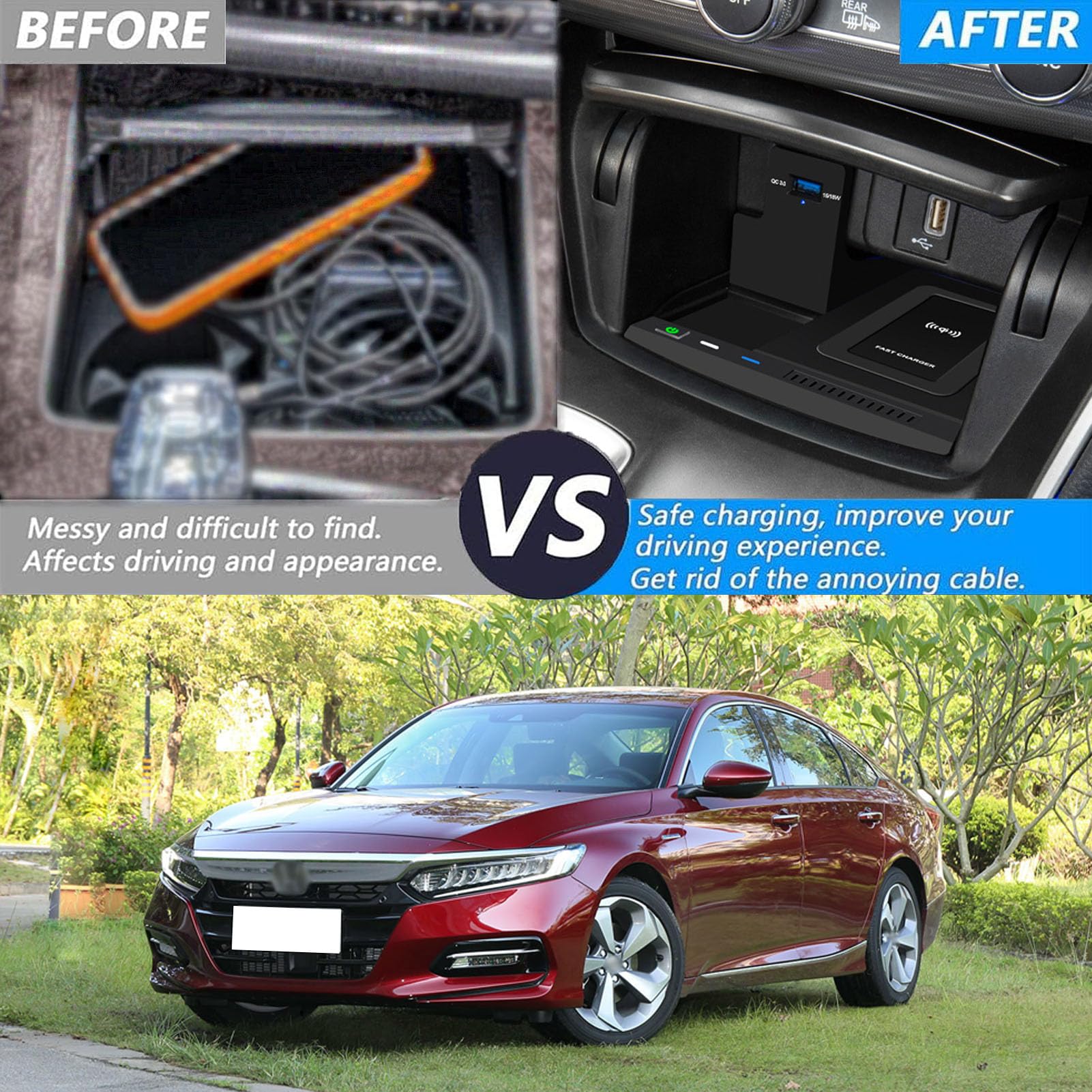 CenNa Caricabatterie per Auto Wireless per Hon-da Accord di Decima Generazione (2018-2022) Accessorio per Tutti I Modelli con Ricarica Rapida Wireless E USB Qc3.0 da 15 W, Regalo per La Famiglia