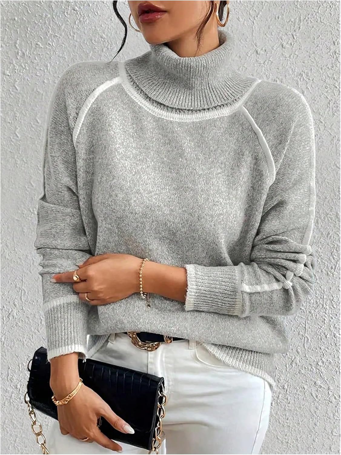 Women's Striped Turtle Neck Sweater Long Sleeve Knit Pullover Sweaters Fall Outfits - Image 3