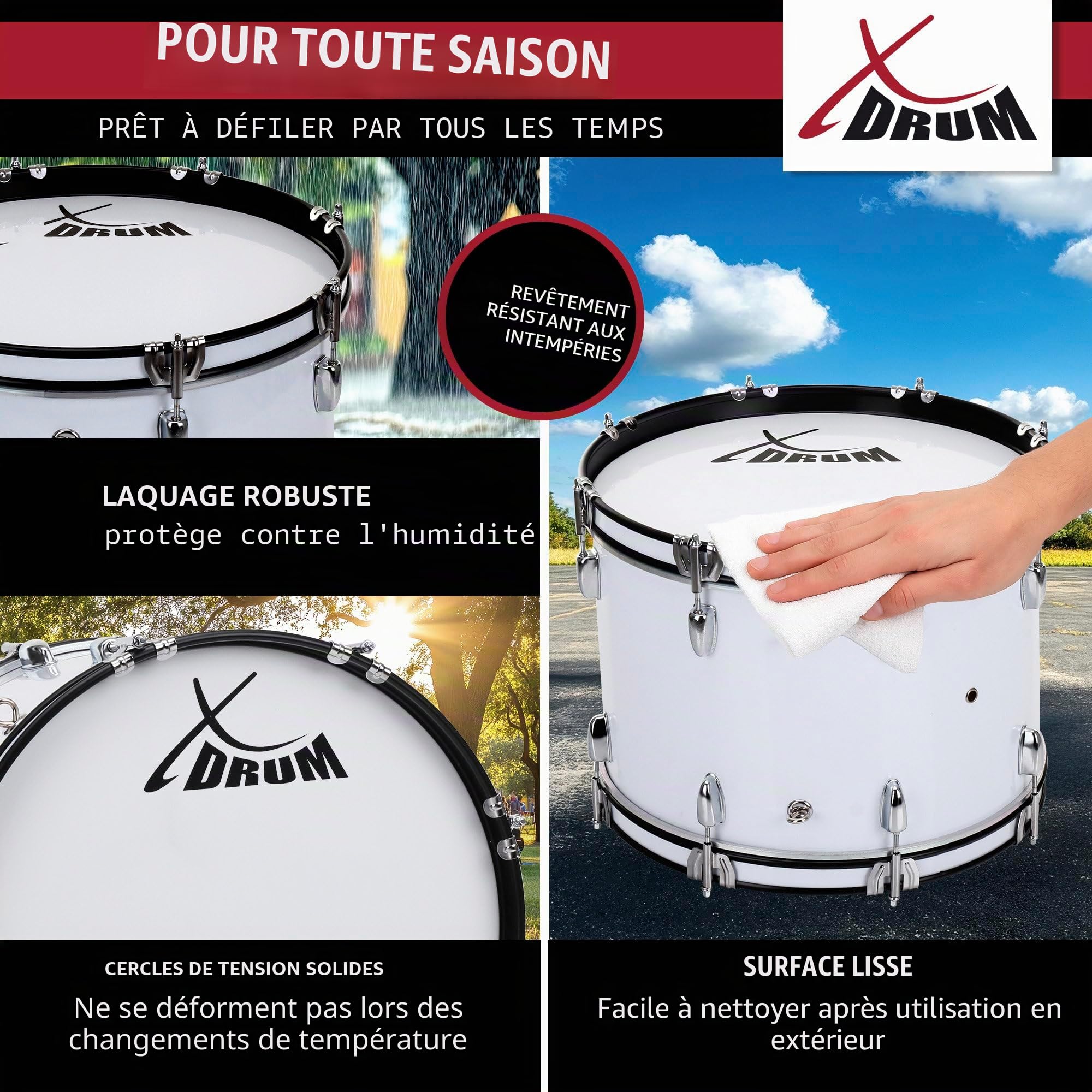 XDrum MBD-226 Grosse caisse de marche 26" x 12" — 10,5 kg, blanche. 4 œillets de fixation, 8 vis de tension par côté. Livrée avec maillets, sangles de transport et clé de tension