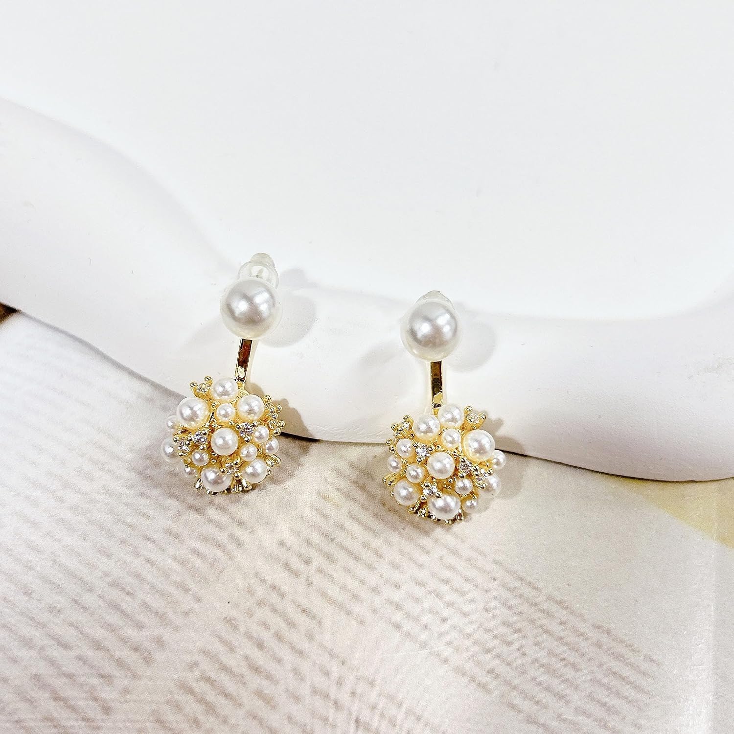 Dainty Pearls Crystal Ball Ear Jacket Earrings For Women Her 14k Gold Plated Cubic Zirconia Fashion Exquisite White Round Pearl Studs Chic Double Sided Front Back Earring Wedding Bride Party Jewelry Gifts