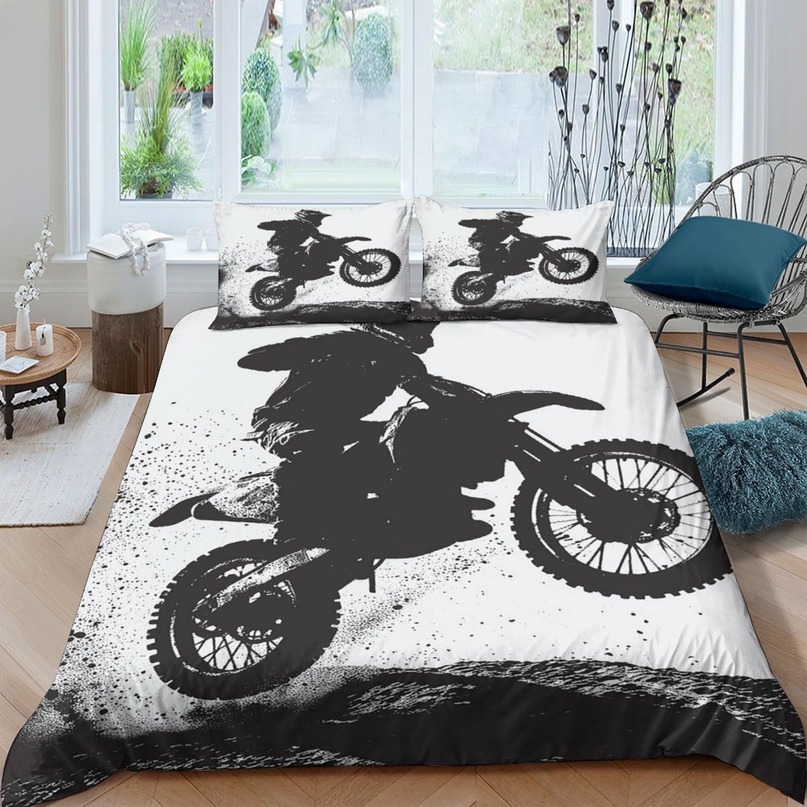 Ctjqhvkz Style-10 3D Printed Motocross Silhouette Fitted Sheet Microfiber Soft Black White Motorcycle Bed Cover For Bedroom Dorm Decor Single（135X200cm）