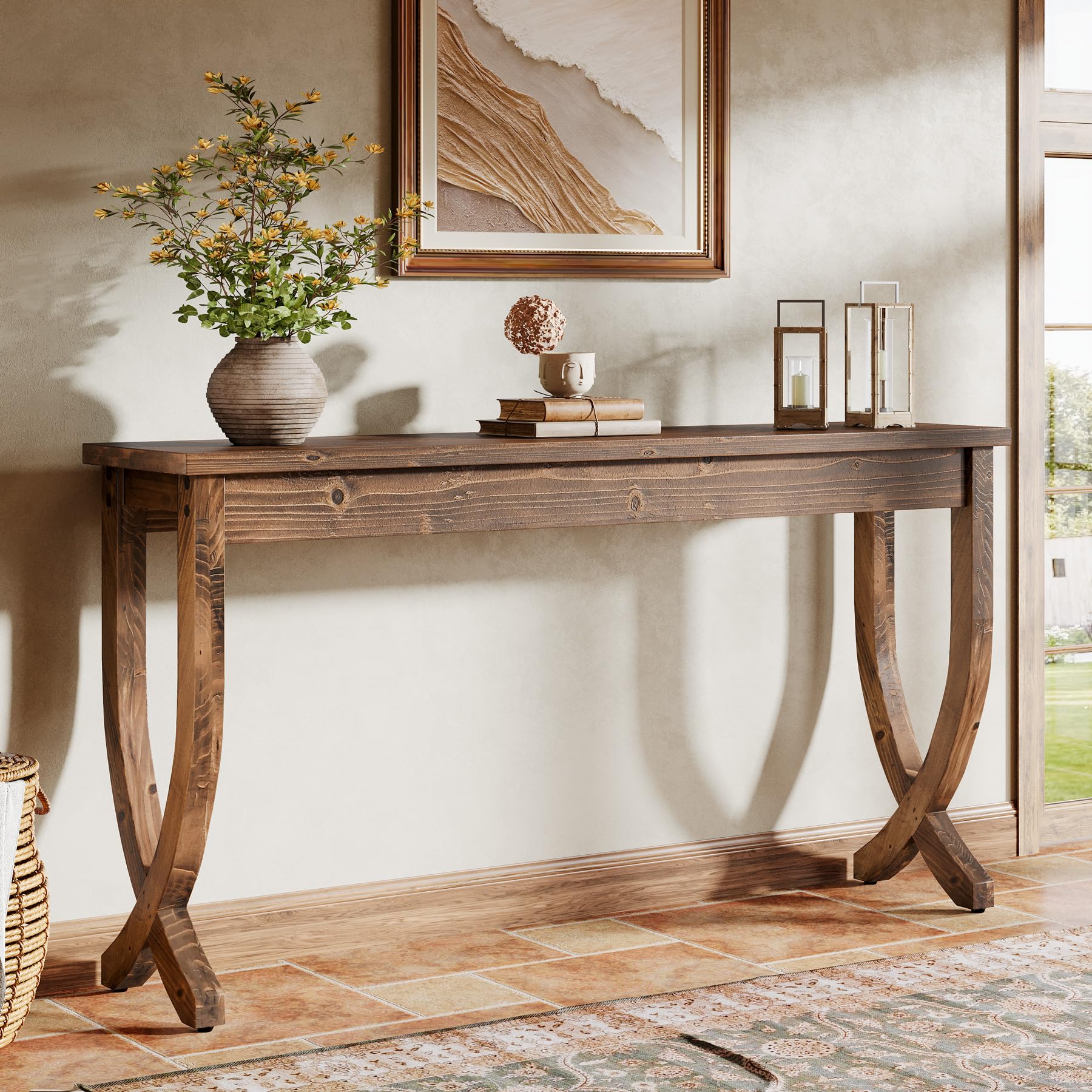 Console en Bois Massif 160 cm, Table d'entrée de Style Ferme, Table de canapé Longue pour Salon, Couloir, entrée, Foyer, Marron