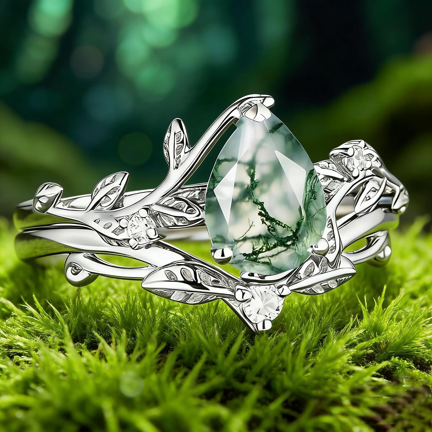 Natural Moss Agate Engagement Ring for Women 925 Sterling Silver Bridal Ring Set Kite Cut Moss Agate Wedding Ring Set Promise Rings Set for Her