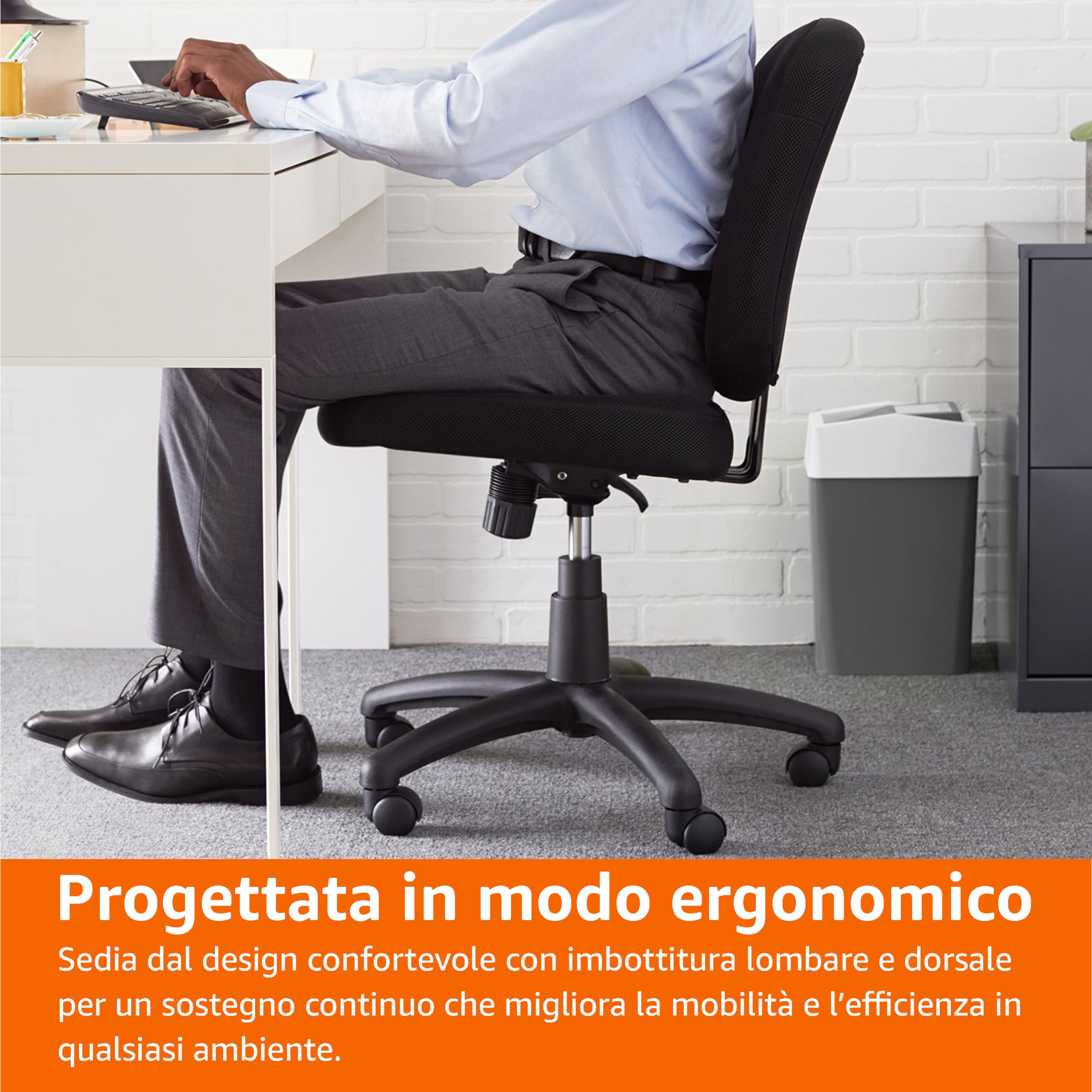 Amazon Basics Sedia da ufficio, da scrivania, con schienale imbottito, comoda per la schiena, altezza regolabile, facile montaggio, 64 x 47,5 x 87,5-98, nero