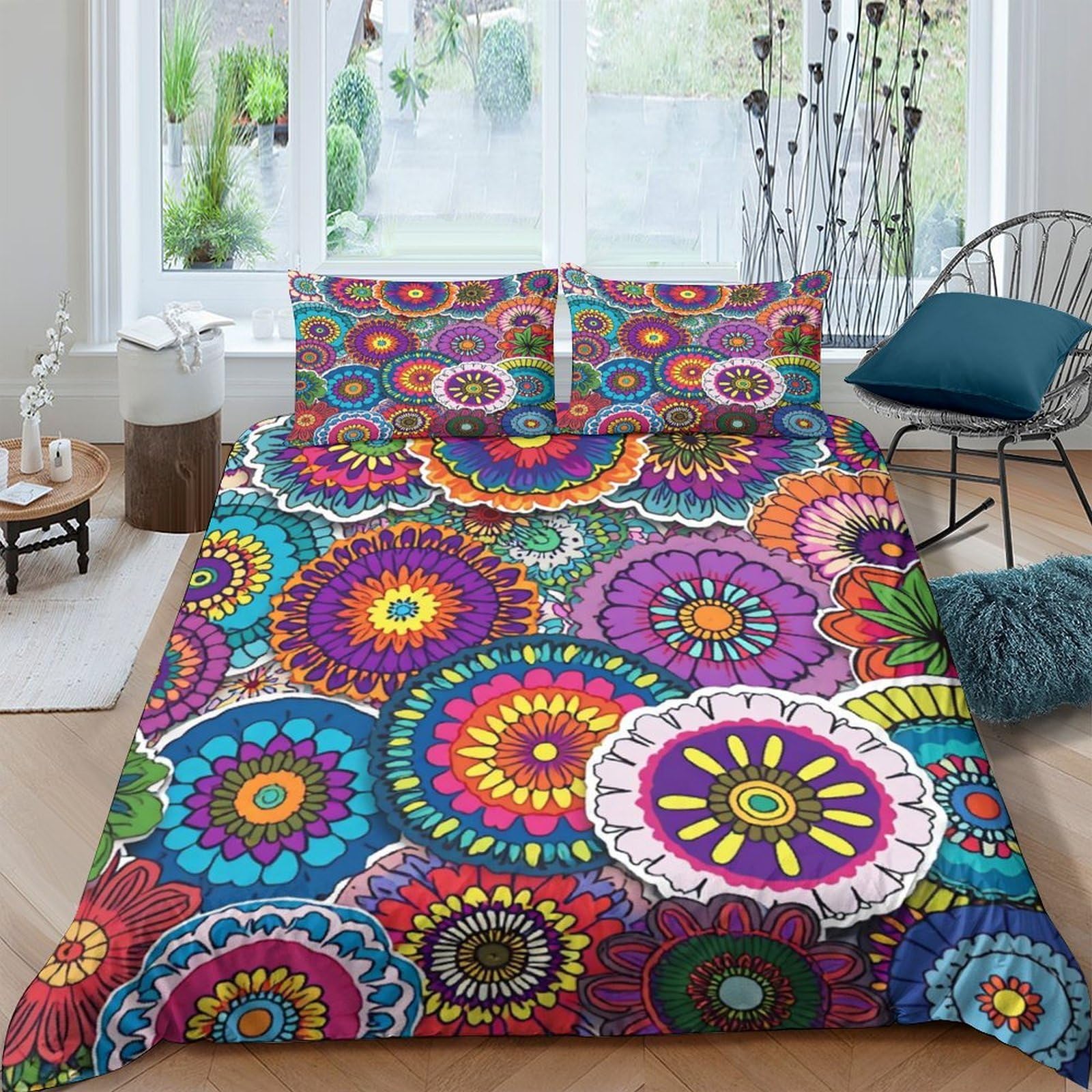 TUFRTGYHN 3D Printed Mandala Flower Duvet Cover Set Microfiber Soft Breathable Bohemian Bedding Set with 2 Pillowcases for Bedroom Decor Single（135x200cm）