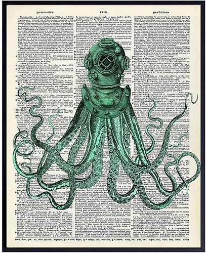 Octopus in Dive Helmet - Unframed Dictionary Wall Art Print - Steampunk - Great For Home Decor and Easy Gift Giving - Ready to Frame (8X10) Vintage