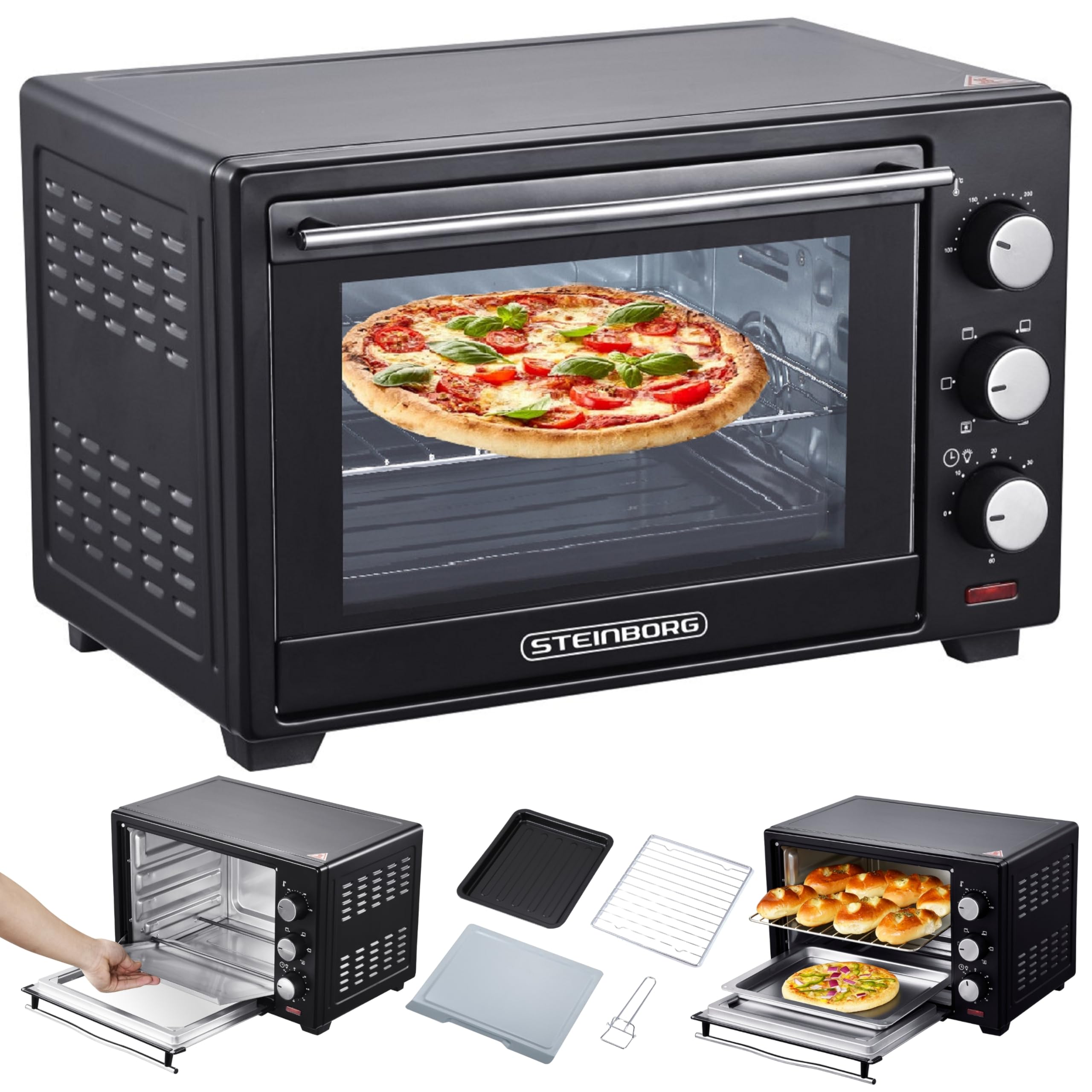 Mini Four à Pizza électrique 2 En 1 De 15 L Avec Contrôle De La Température/verre Visuel/porte De Plaque Supérieure, Grille-pain De Comptoir Pour La Cuisson, Le Rôtissage, Le Grillage A