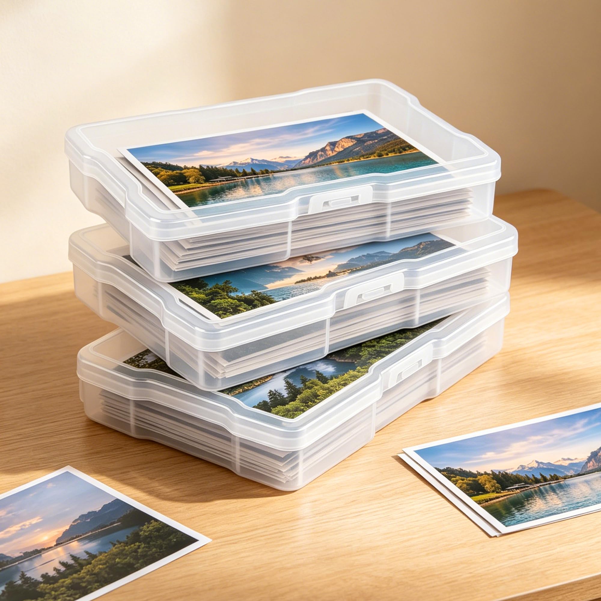 Fotobox Aufbewahrungsbox mit 16 Fächern, Foto Aufbewahrungsbox 38 x 31 x 13 cm transparent PP mit Griff Deckel, Foto Organizer Box für Fotos Karten Handwerk