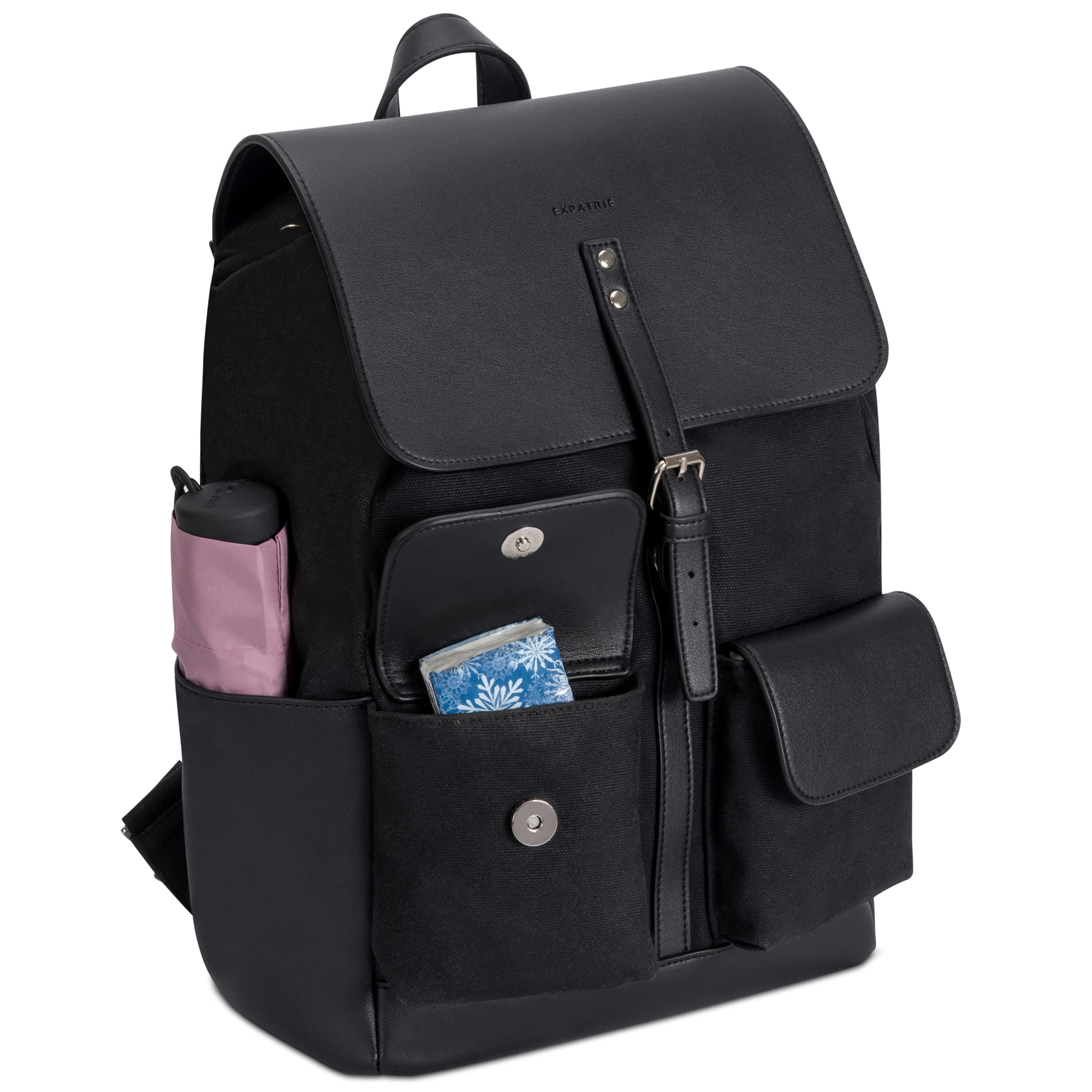 Expatrié Zaino da Donna Laurent Nero - in Tela di Cotone ed Ecopelle - Zainetto Elegante ideale per Ufficio, Sacca da 15l con Chiusura Magnetica