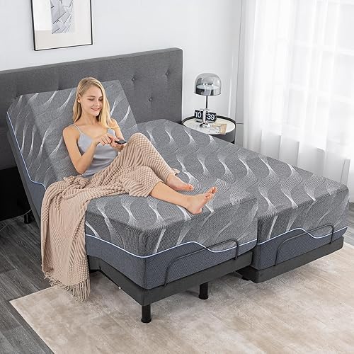 Vipbear Split King Adjustable Bed Base with Mattress, 14 Inch Gray Gel Memory Foam Medium-Firm Mattress in Box, Updated Adjustable Bed Frame with Thickened Foam Frame, Wireless Remote Smart Bed Base