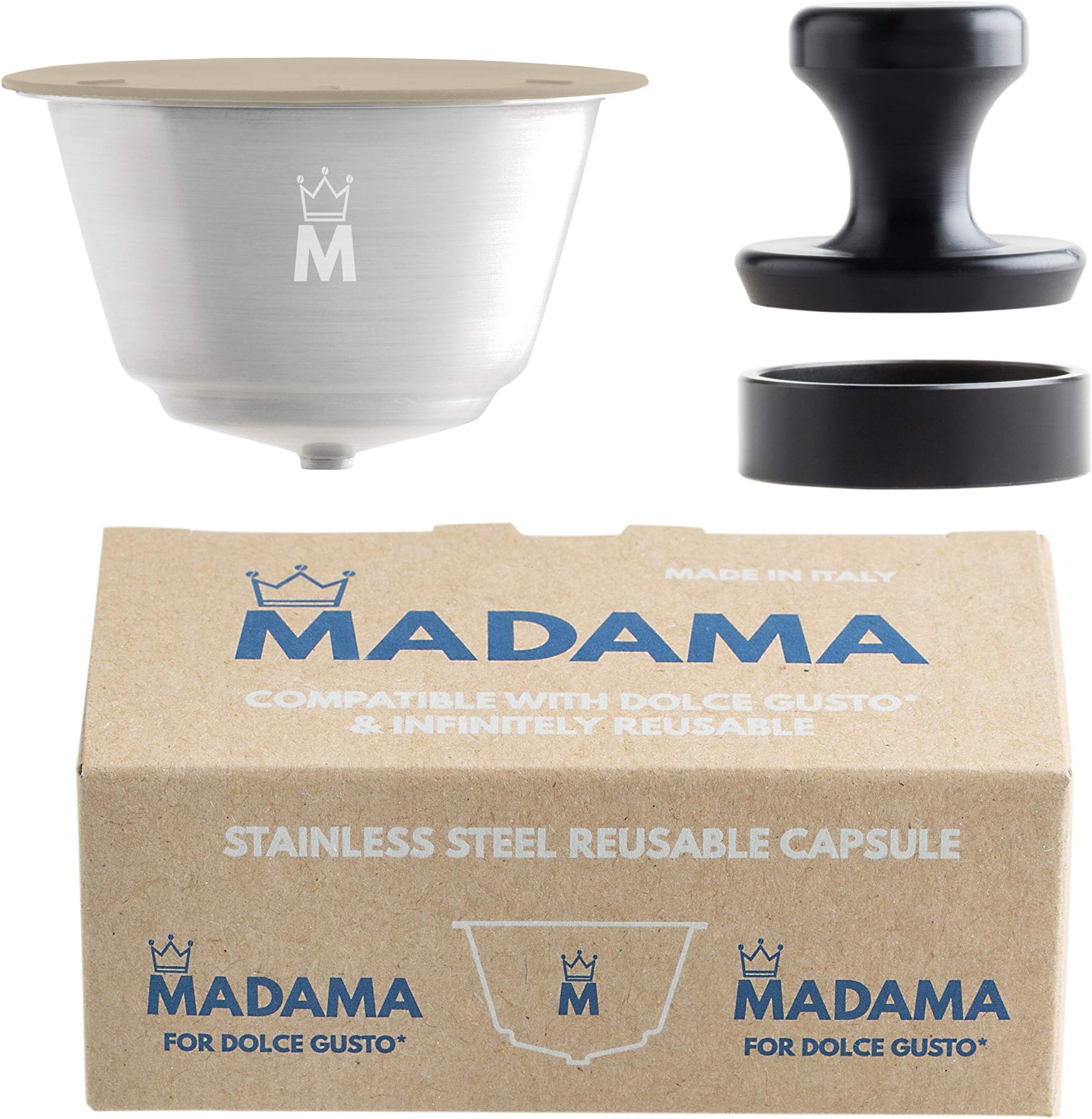 Madama - Refillable and Reusable Capsule Compatible with Dolce Gusto. Stainless Steel and Food-Grade Silicone. Pack of 1 pod