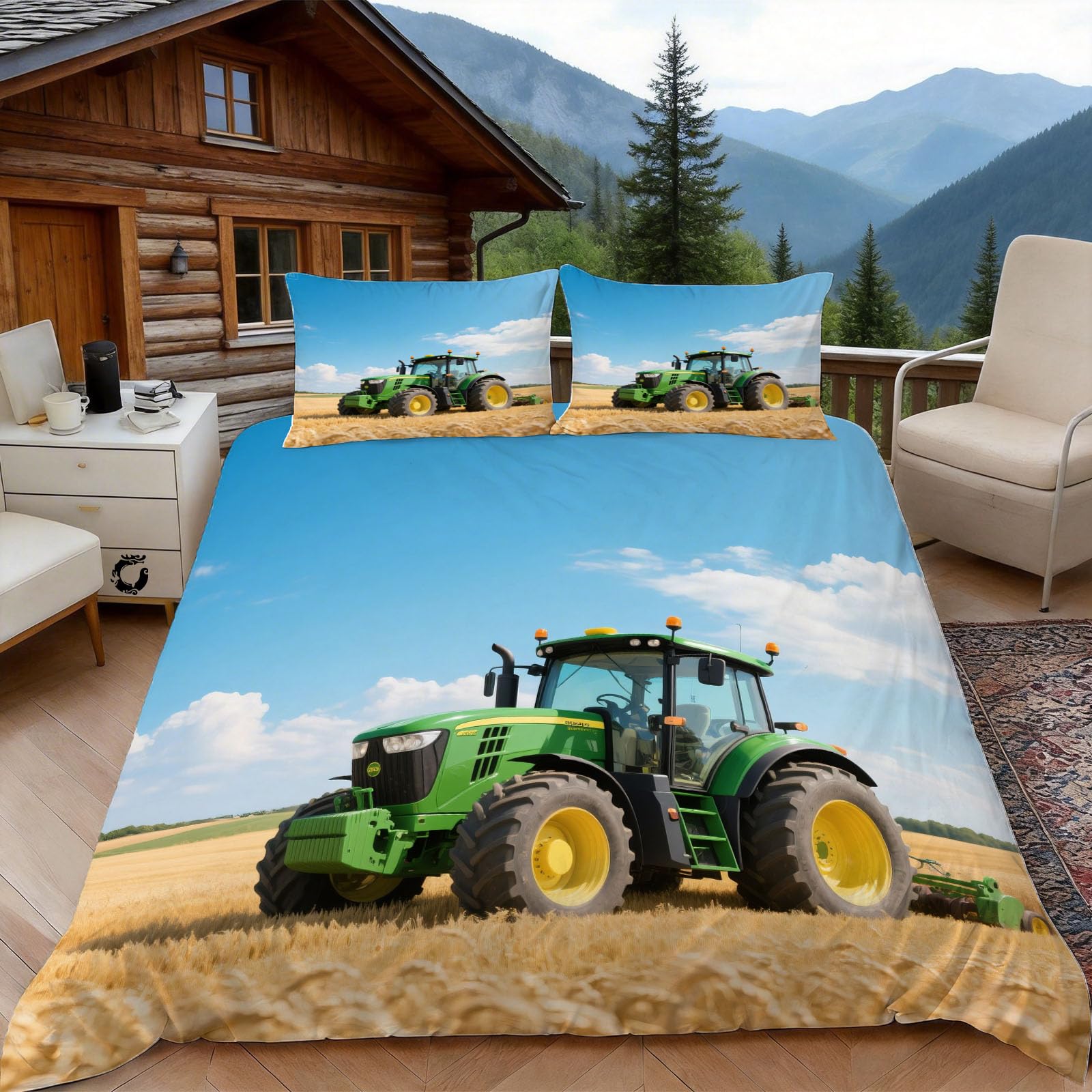 3D Single Duvet Cover Set 3D Printed Farm Tractor Bedding, Rural Scenery Soft Microfibre Duvet Cover Sets Quilt Cover and Pillow Set with Zipper 3 Pcs