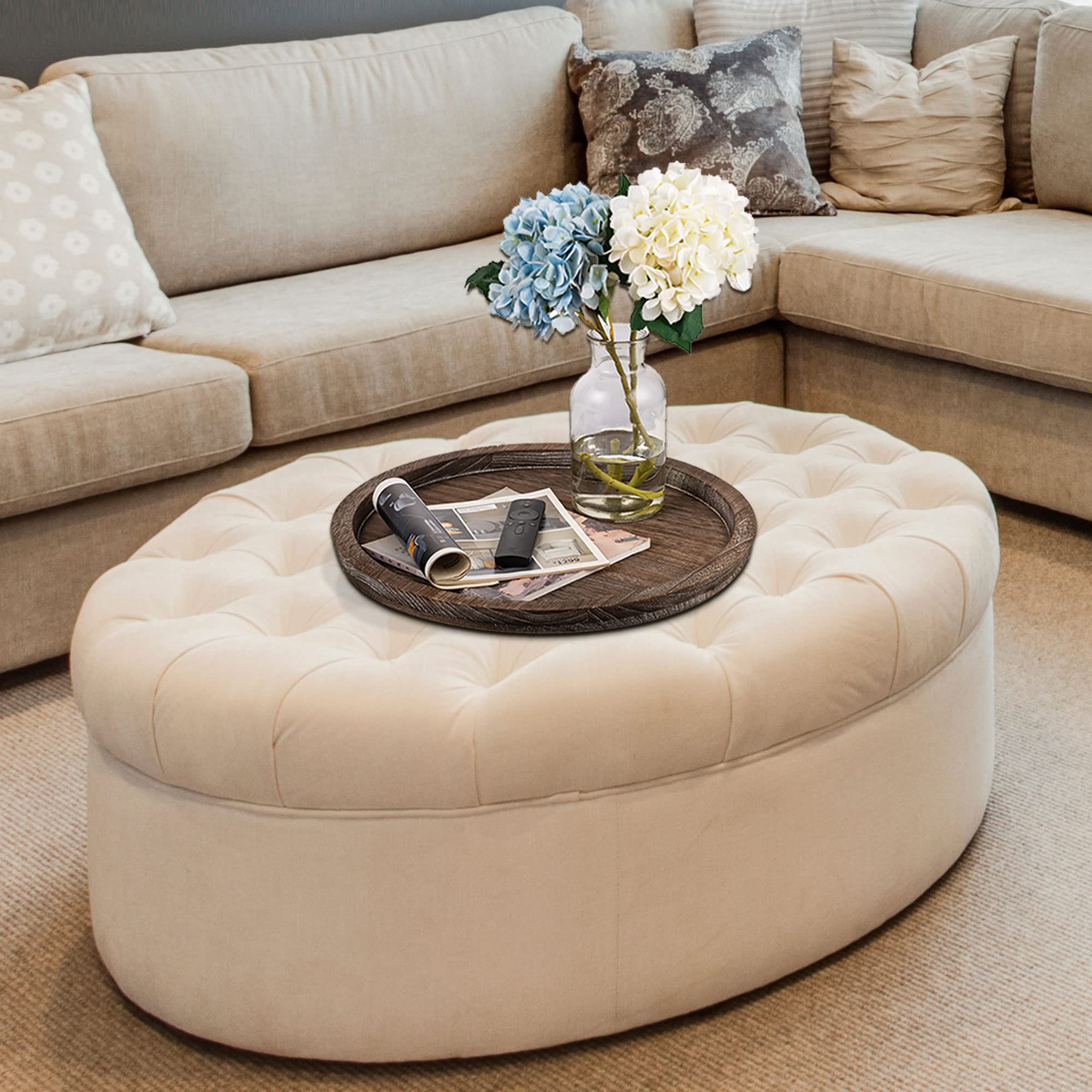 Hanobe Large Round Ottoman Tray: Coffee Table Tray Rustic Serving Tray Farmhouse Wood Circle Trays Home Decor for Counter 18" x 18"