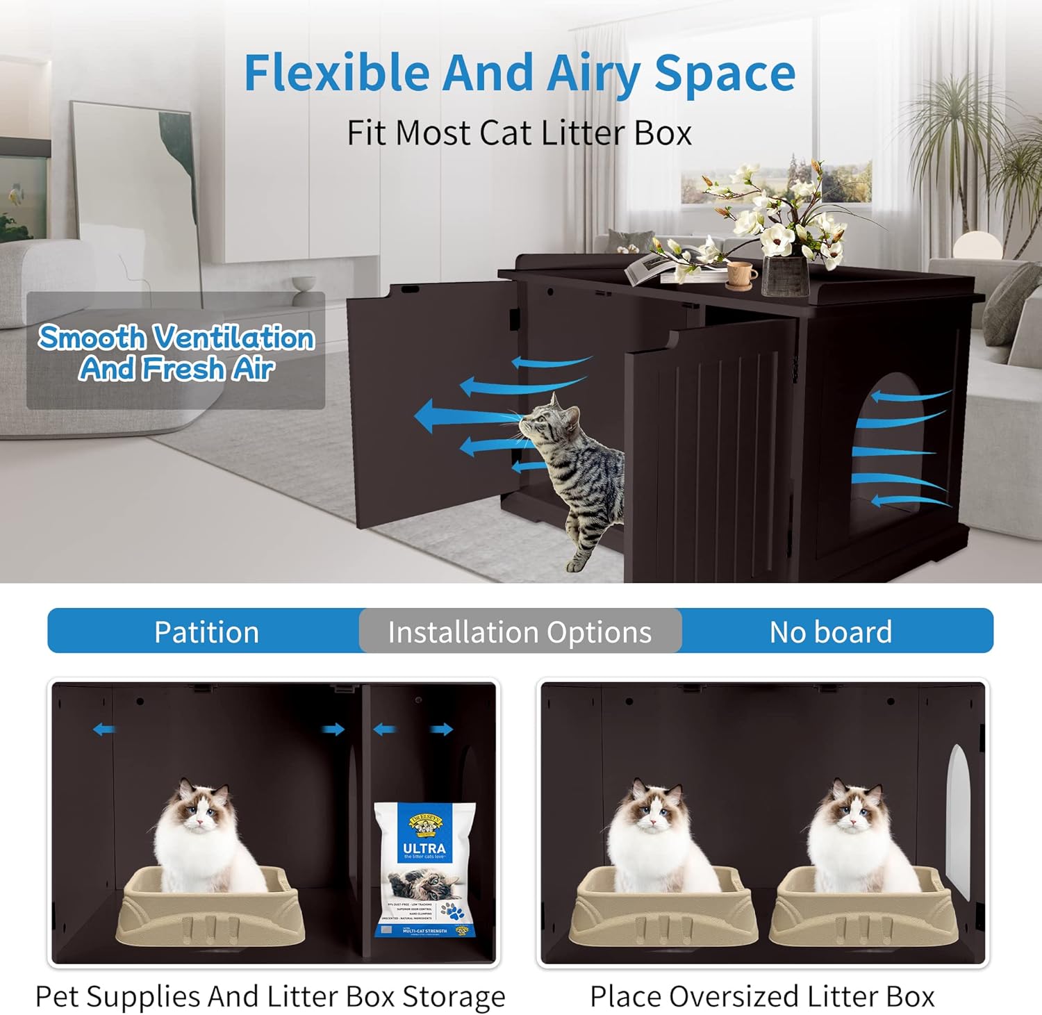 Hidden Litter Box Enclosure - Stylish and Decorative Cat Box Furniture with Adjustable Divider,Sturdy Structure-Cat Litter Box Furniture Hidden Perfect for Cats, Elegant Espresso