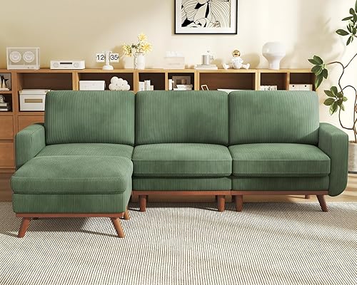 Vesgantti Sofá modular en forma de L de 97 pulgadas, sofá de pana de 3 plazas con otomana móvil, sofá modular para sala de estar, color verde