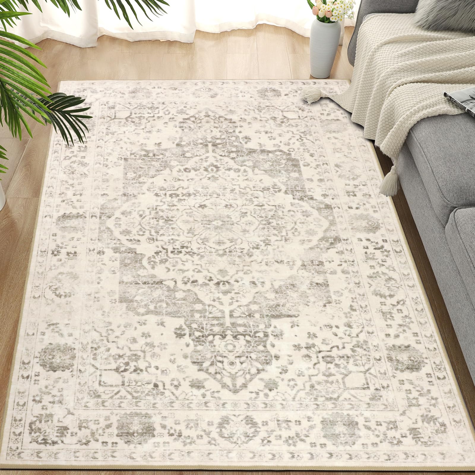 TUKDAK Vintage Teppich Wohnzimmer 120x180cm, Waschbarer Teppich Schlafzimmer, Boho Kurzflor Esszimmer Teppiche, Weich rutschfest Teppiche für Küche Kinderzimmer, Beige