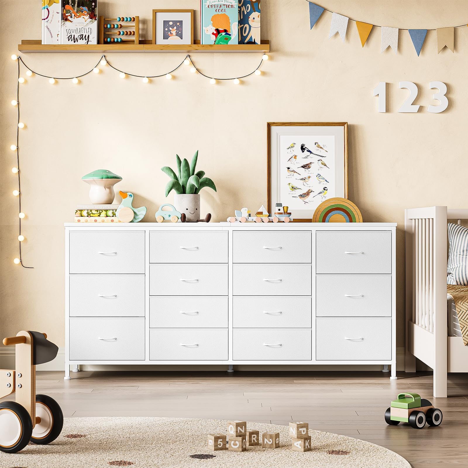 GarveeHome Organización Moderna para el hogar – Cómoda con 14 cajones de Tela, Estructura metálica y enchufes eléctricos/USB, para Dormitorio, salón o habitación Infantil, 160x35x75 cm, Blanco