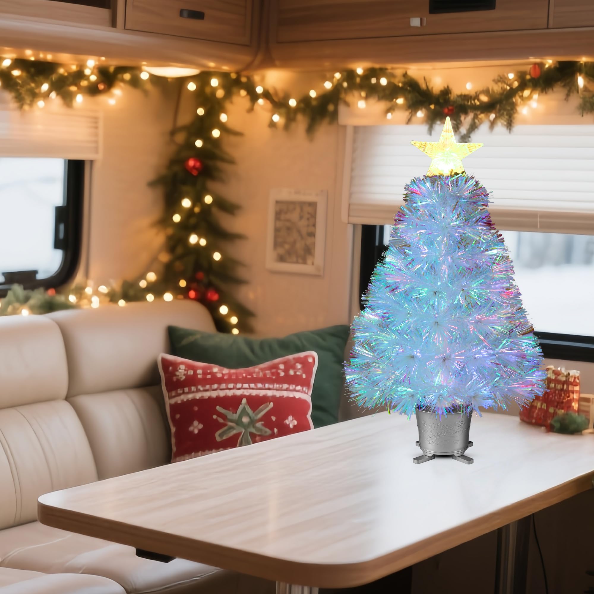 YUETJIN Petit sapin de Noël artificiel de table en fibre optique pré-éclairé de 61 cm avec étoiles - Transparent